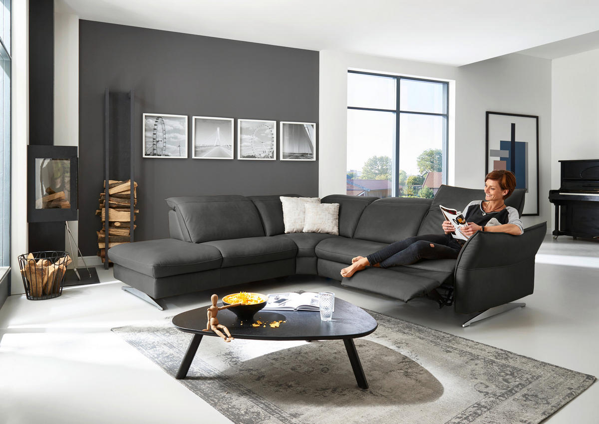 ECKSOFA in Echtleder Schwarz  - Edelstahlfarben/Schwarz, Design, Leder/Metall (258/292cm) - Hukla
