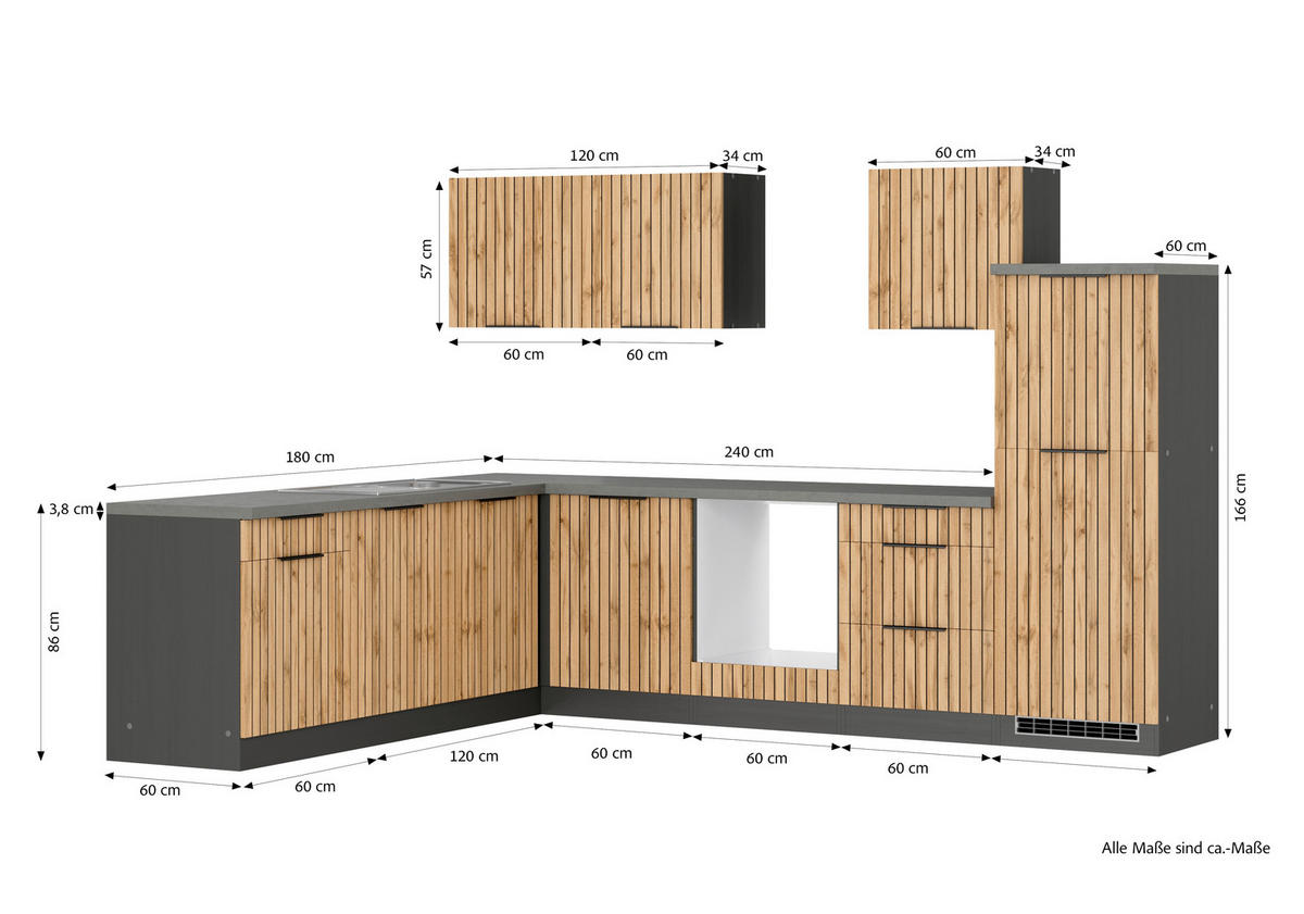 ECKKÜCHE 300/240 cm  Graphitfarben, Eiche Wotan  - Schieferfarben/Eiche Wotan, Basics, Holzwerkstoff/Metall (300/240cm) - Held