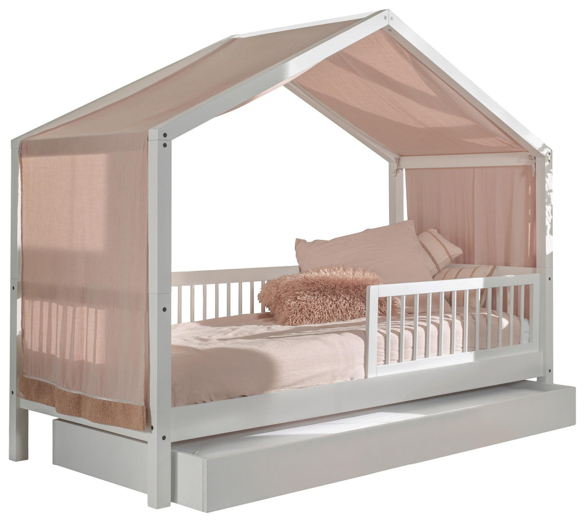 HAUSBETT 90/200 cm,  in Weiß, Absturzsicherung, Rollrost, Bettschublade  - Naturfarben/Weiß, MODERN, Holz (90/200cm) - Vipack