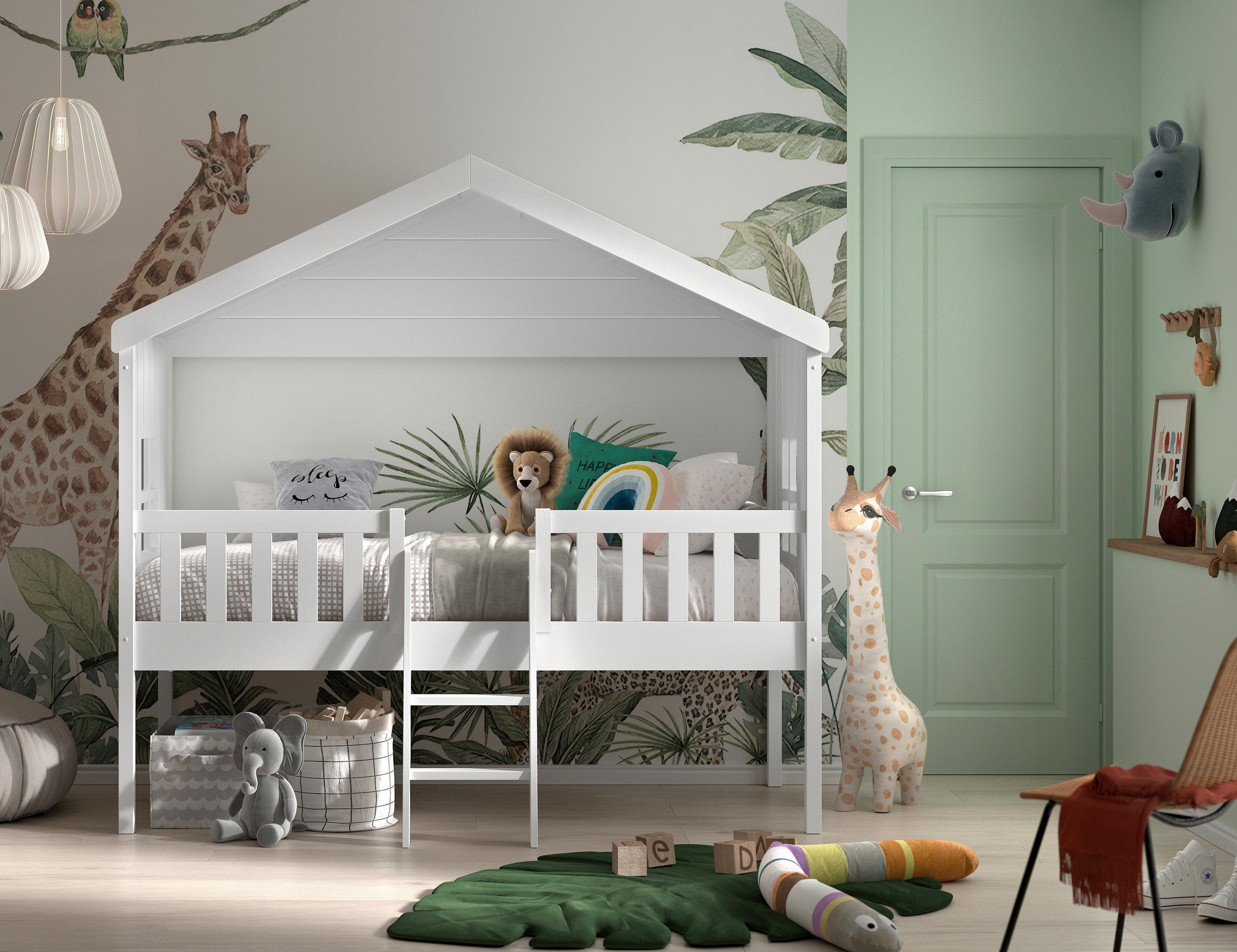 HAUSBETT 90/200 cm,  in Weiß, Absturzsicherung, Leiter, Rollrost  - Weiß, Natur, Holz (90/200cm) - Vipack