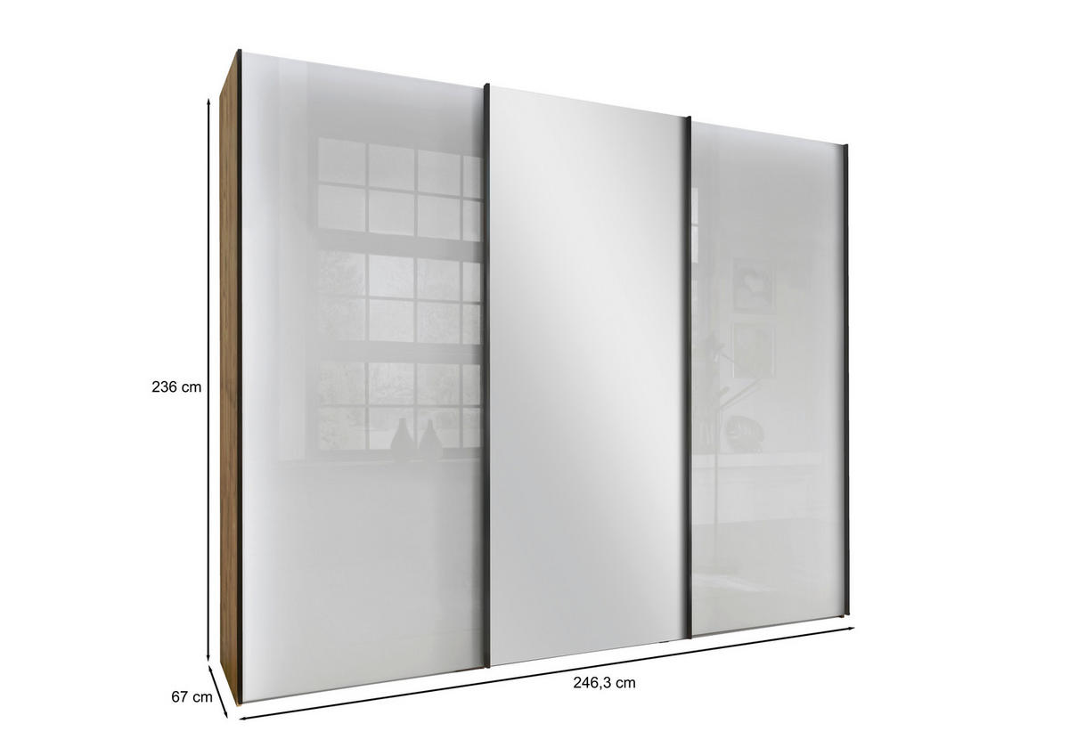 SCHWEBETÜRENSCHRANK in Weiss, Eiche Bianco  - Schieferfarben/Weiss, Konventionell, Glas/Holzwerkstoff (250/236/67cm) - Dieter Knoll