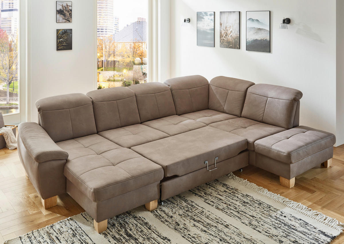 WOHNLANDSCHAFT in Mikrofaser Graubraun  - Wildeiche/Graubraun, Konventionell, Holz/Textil (185/343/243cm) - Voleo