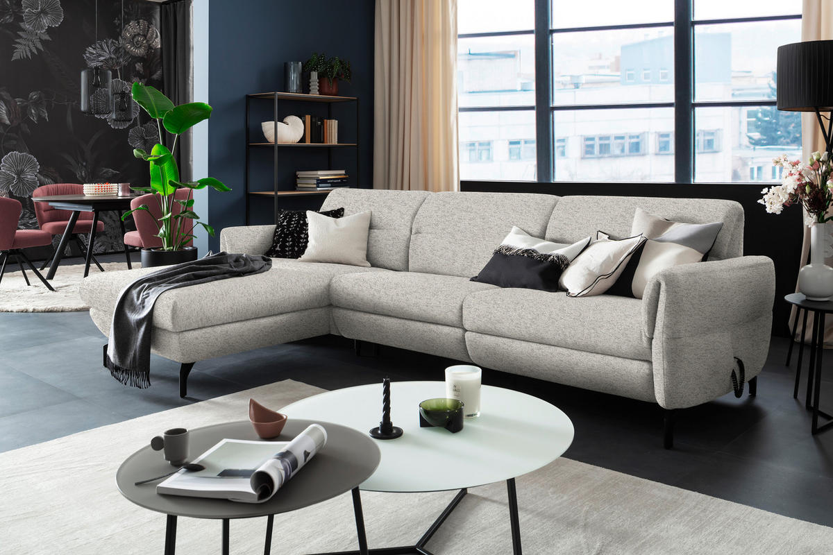 ECKSOFA Hellgrau Chenille  - Hellgrau/Schwarz, Design, Textil/Metall (187/299cm) - Schöner Wohnen