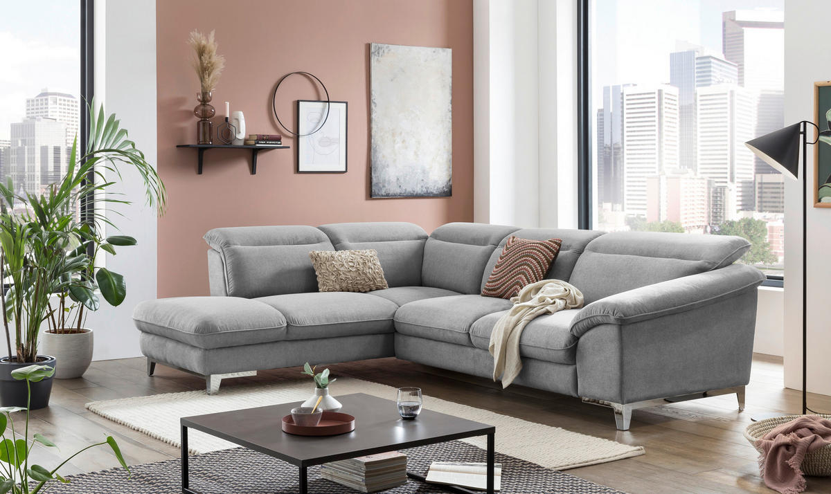 ECKSOFA in Chenille Hellgrau  - Chromfarben/Hellgrau, Design, Textil/Metall (232/293cm) - Livetastic