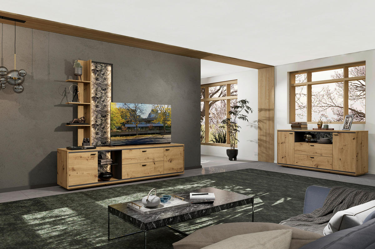 WOHNWAND  in Graphitfarben, Eiche Artisan  220/205/49 cm  - Schwarz/Graphitfarben, Design, Glas/Holzwerkstoff (220/205/49cm) - Cantus