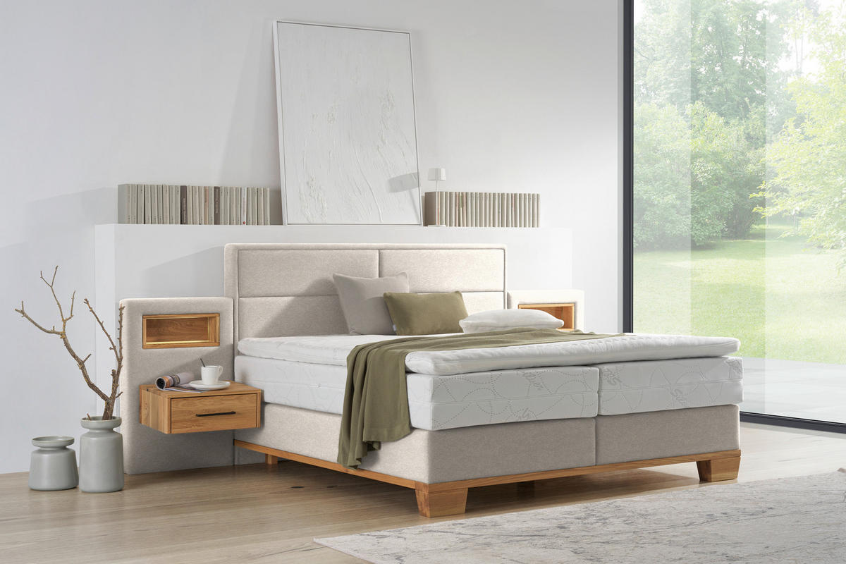 BOXSPRINGBETT 180/200 cm,  in Naturfarben, Eichefarben, Matratze, Topper, unterschiedliche Matratzenhärtegrade je Bettseite, H3 + H4 = fest + sehr fest  - Eichefarben/Naturfarben, Natur, Holz/Textil (180/200cm) - Valnatura