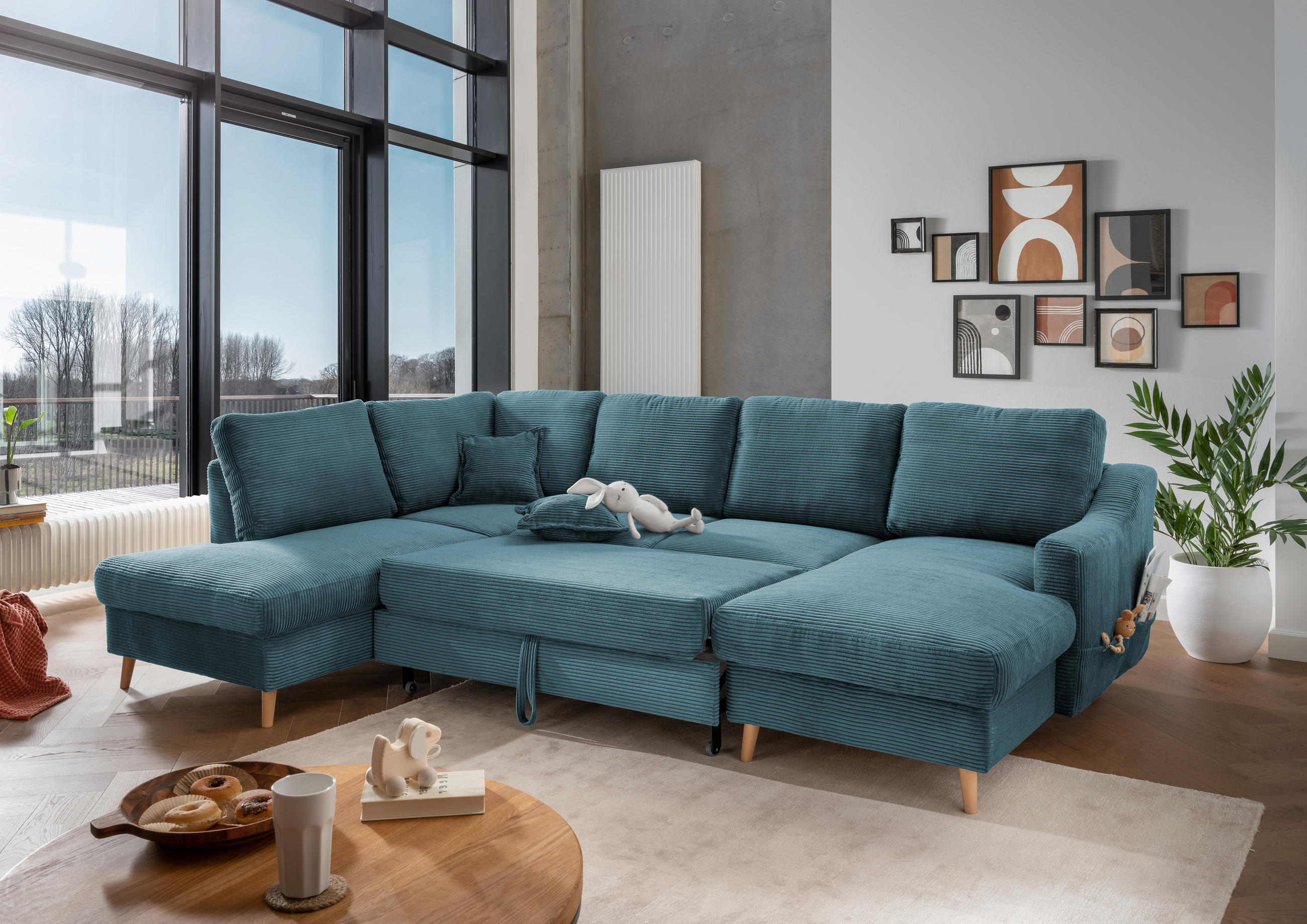 WOHNLANDSCHAFT in Cord Petrol  - Petrol/Naturfarben, Konventionell, Holz/Textil (200/301/150cm) - P & B