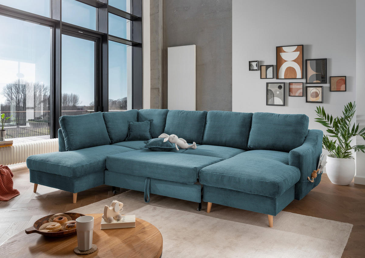 WOHNLANDSCHAFT in Cord Petrol  - Petrol/Naturfarben, KONVENTIONELL, Holz/Textil (200/301/150cm) - P & B