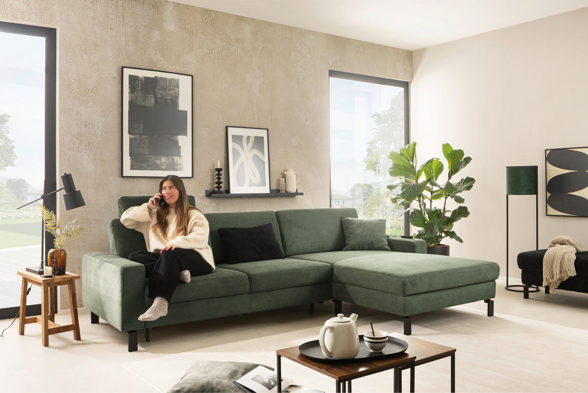 ECKSOFA in Cord Olivgrün  - Schwarz/Olivgrün, Design, Textil/Metall (298/185cm) - Pure Home Lifestyle