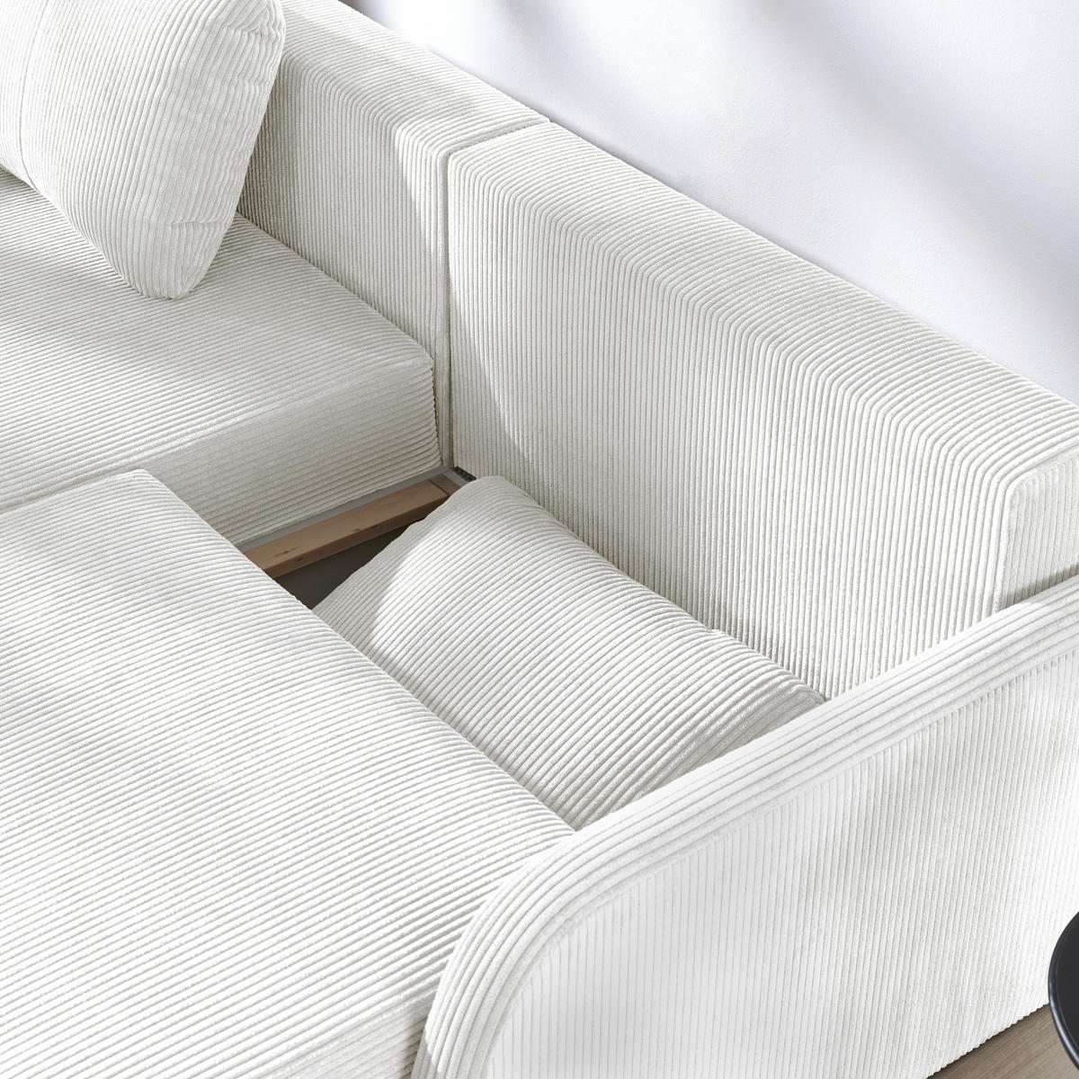 ECKSOFA Naturfarben Cord Rückenkissen, Bettkasten, Schlaffunktion, Rücken echt, Liegefläche im Originalstoff  - Schwarz/Naturfarben, KONVENTIONELL, Kunststoff/Textil (217/146cm) - Carryhome