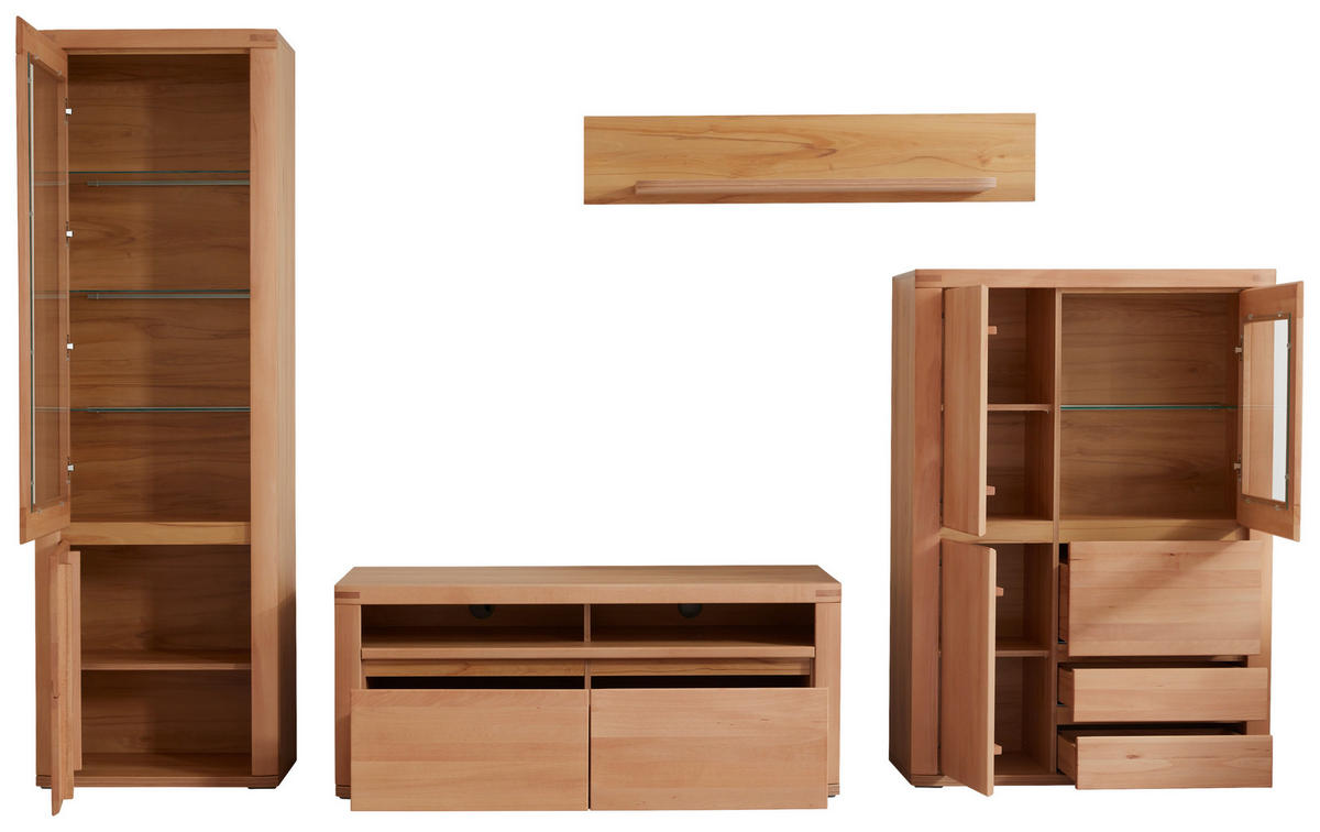 WOHNWAND  in Kernbuche 318/203,6/50 cm  - Kernbuche/Grau, Konventionell, Glas/Holz (318/203,6/50cm) - Voleo