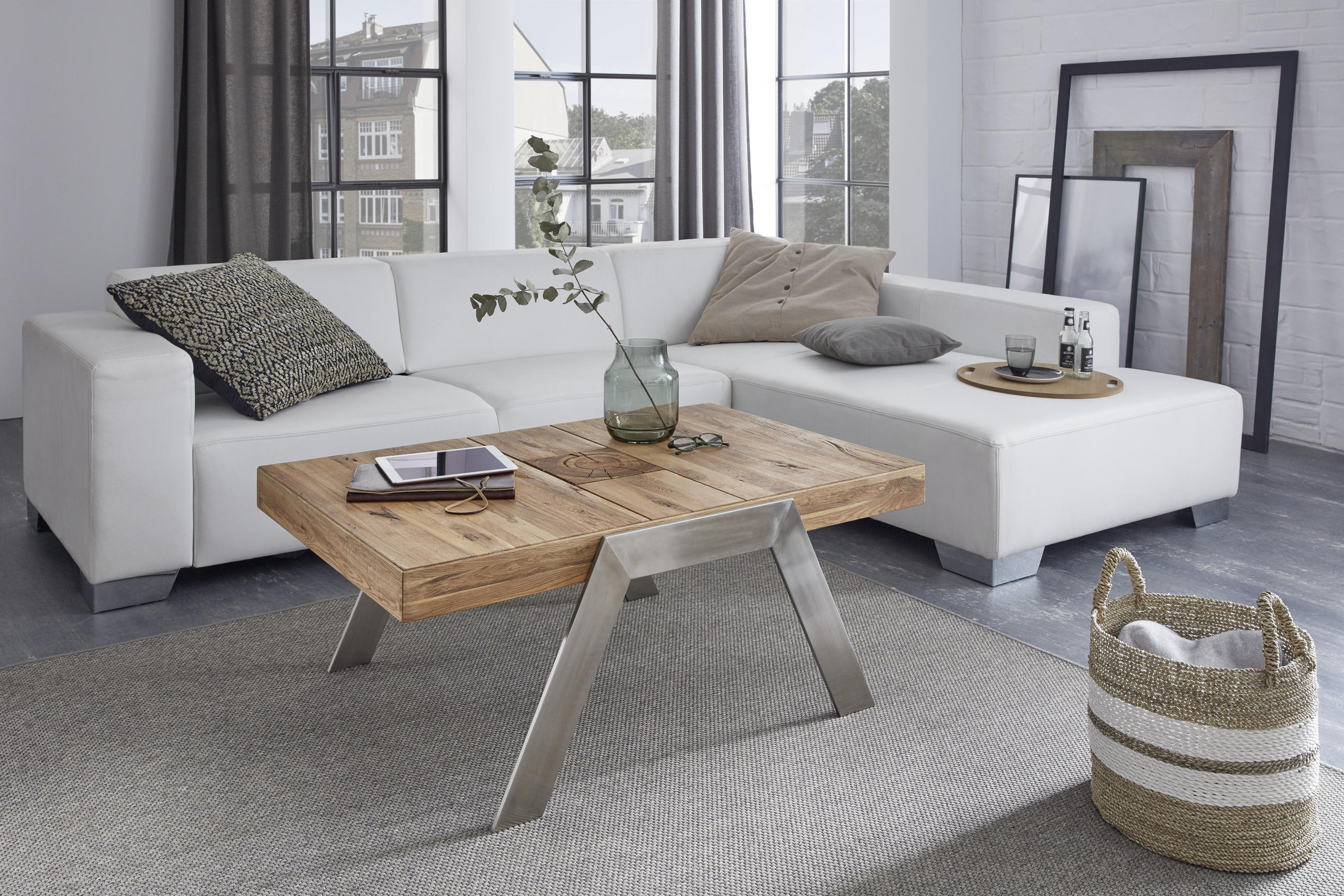 COUCHTISCH Altholz vollmassiv 110/70/45 cm rechteckig Eichefarben, Edelstahlfarben  - Edelstahlfarben/Eichefarben, Basics, Holz/Metall (110/70/45cm) - Venda