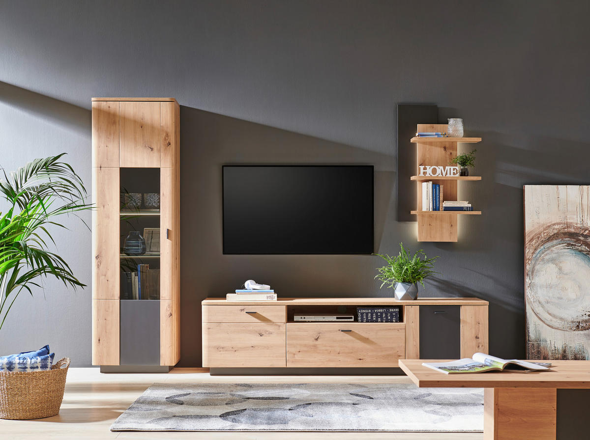 VITRINA, antracit, barve hrasta - črna/barve hrasta, Design, kovina/steklo (60/201/37cm) - Hom`in
