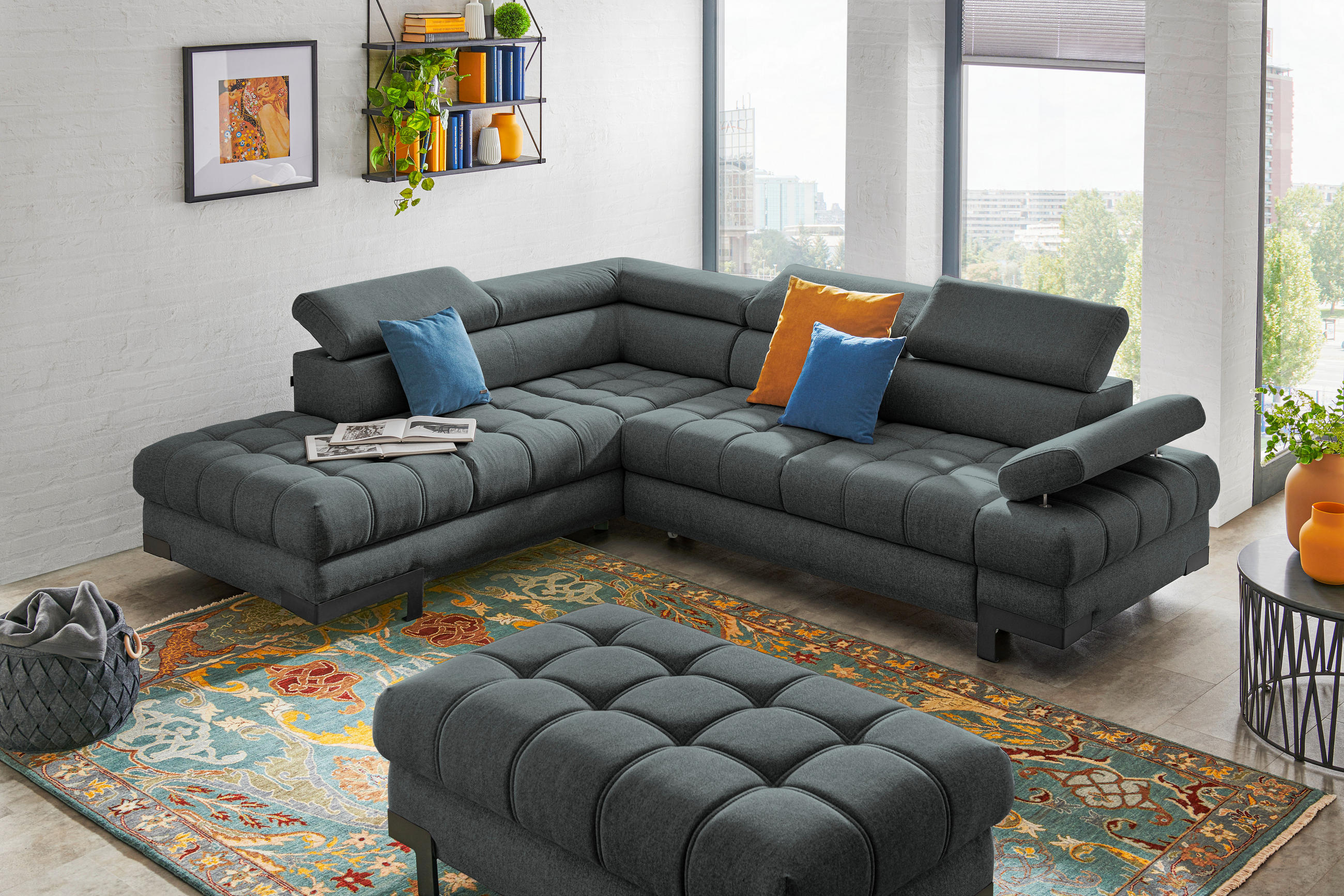 ECKSOFA Graphitfarben Webstoff - Schwarz/Graphitfarben, Design, Textil/Metall (223/263cm) - Welnova