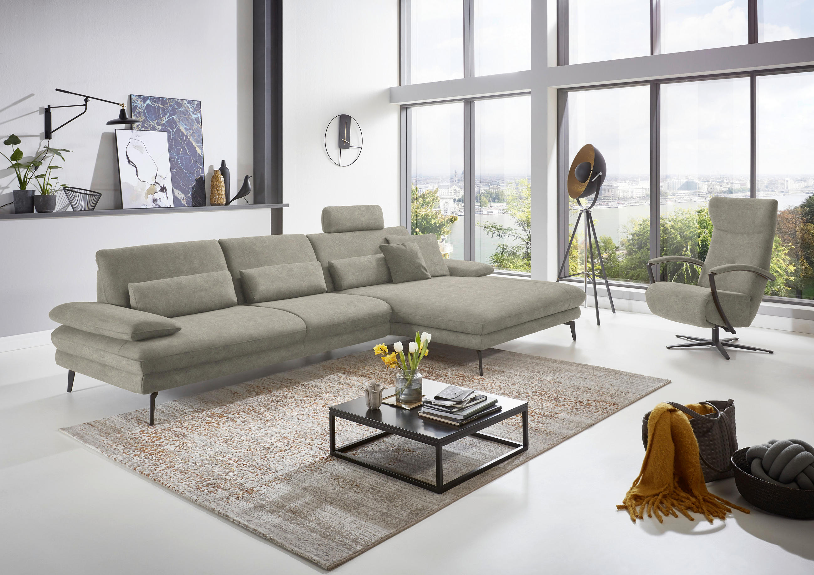 ECKSOFA in Velours Platinfarben  - Platinfarben/Schwarz, Design, Textil/Metall (310/180cm) - Dieter Knoll