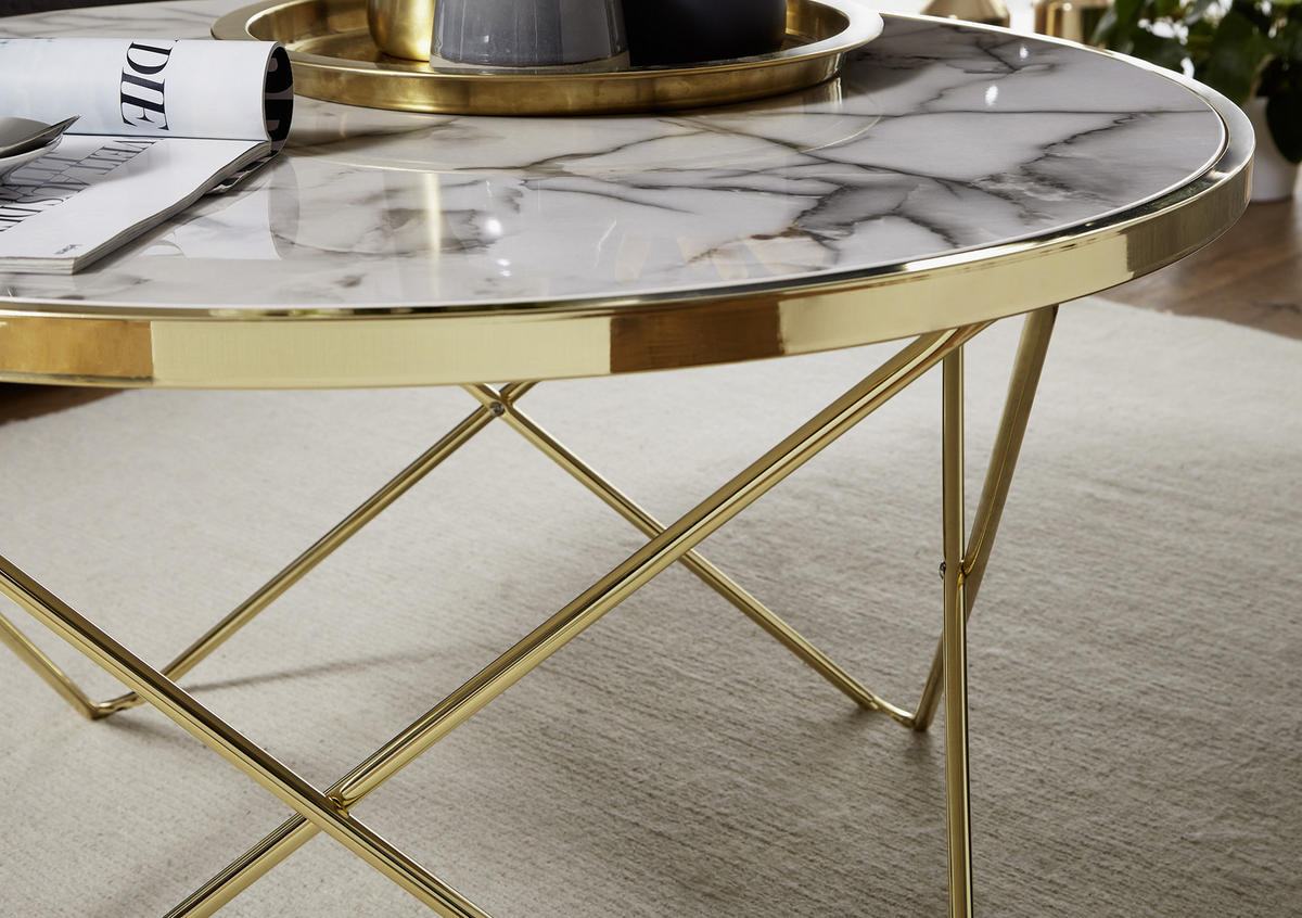 KLUBSKA MIZA, bela, zlate barve  - zlate barve/bela, Design, kovina/leseni material (85/85cm) - MID.YOU