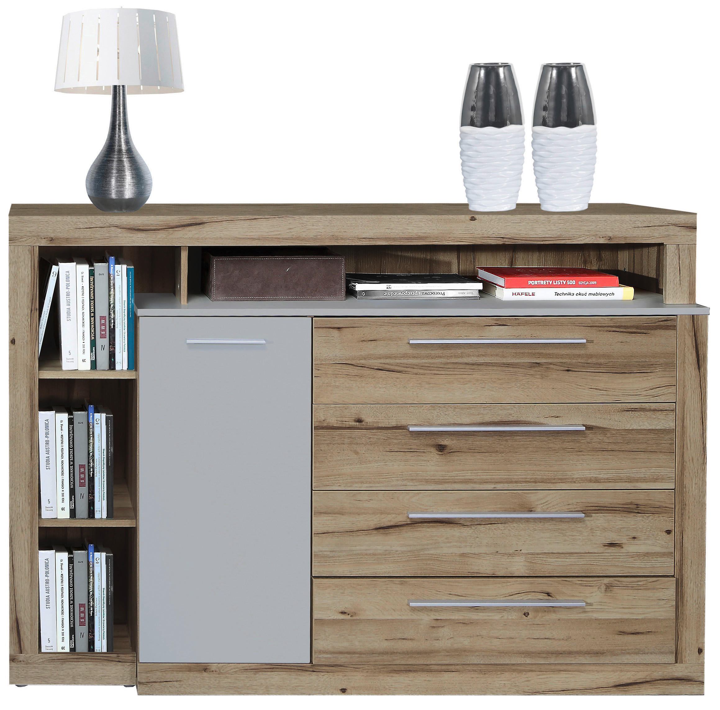 Thumbnail - Ti'me Sideboard, Grau, Eiche Artisan, Holzwerkstoff, 3 Fächer, 4 Schubladen, 161x107x43 cm, Beimöbel erhältlich, stehend...