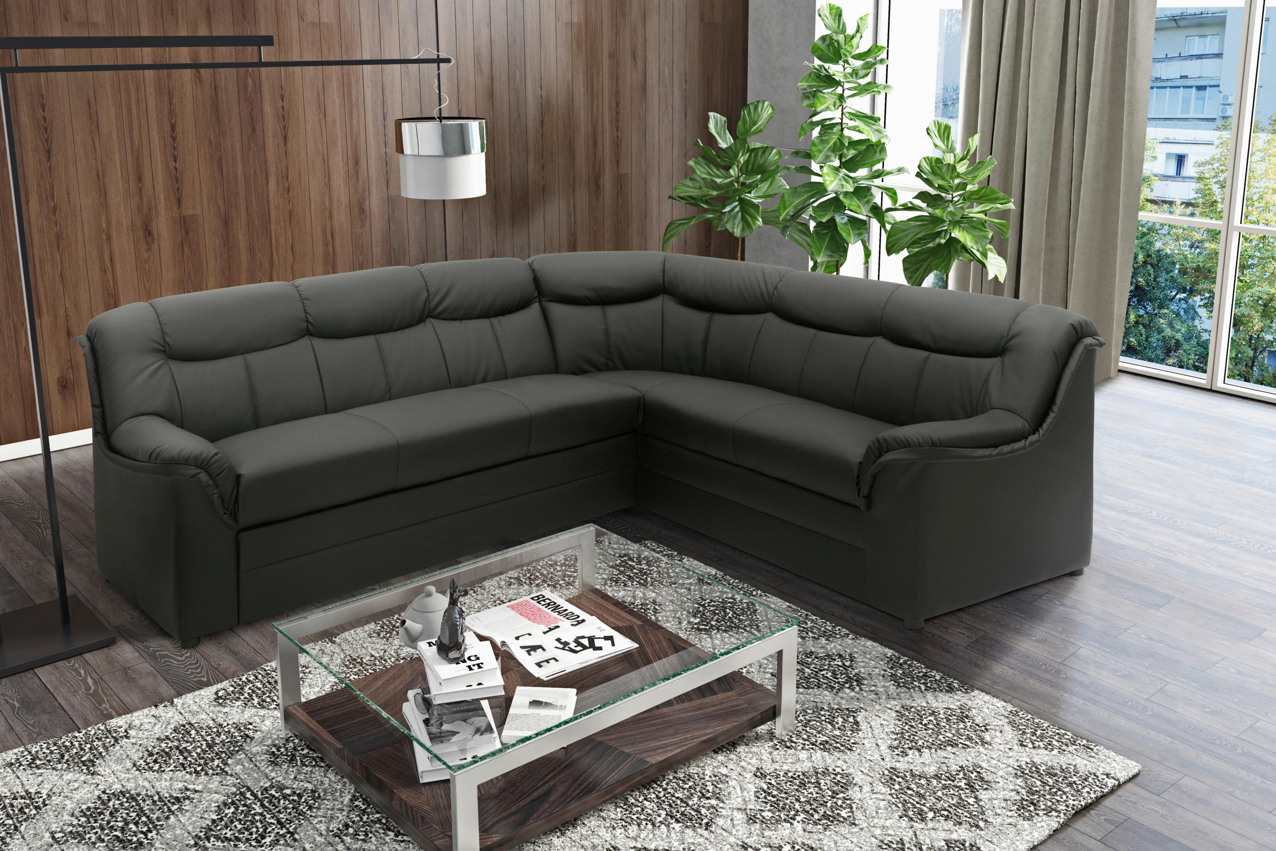 ECKSOFA BERLIN FK Schwarz Lederlook, Mikrofaser  - Schwarz, KONVENTIONELL, Kunststoff/Textil (250/205/89cm) - MID.YOU