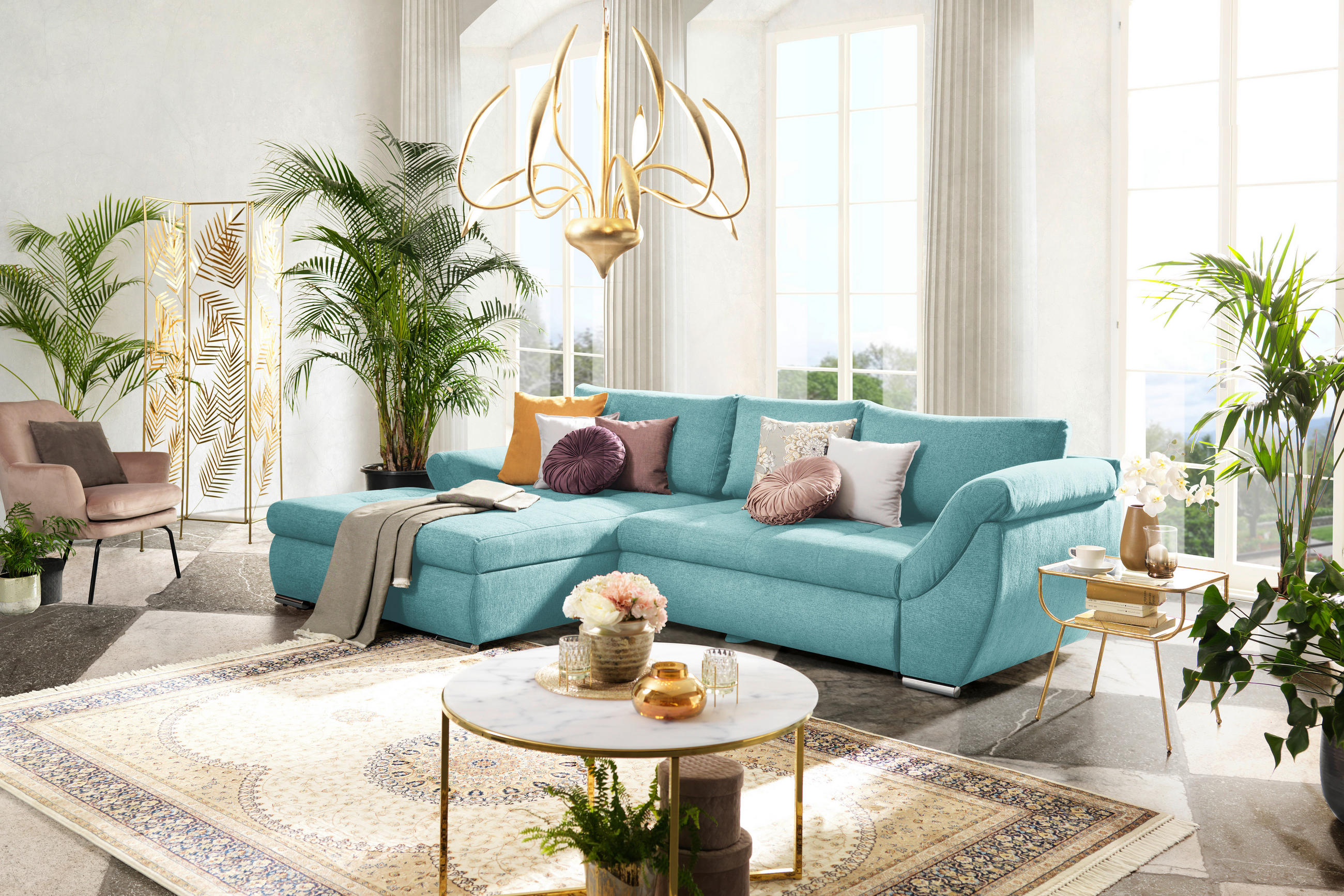 ECKSOFA in Flachgewebe Türkis  - Türkis/Silberfarben, Design, Textil/Metall (174/306cm) - MID.YOU