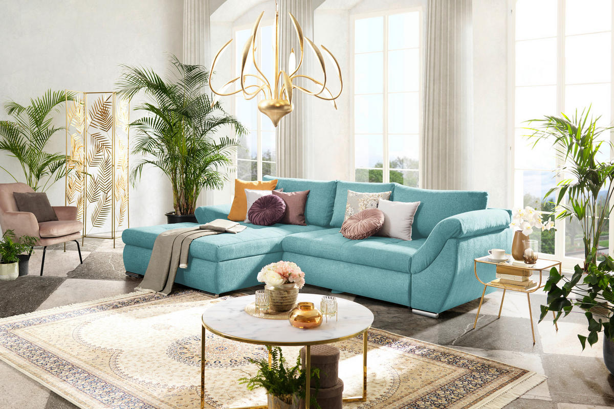 ECKSOFA in Flachgewebe Türkis  - Türkis/Silberfarben, Design, Textil/Metall (174/306cm) - MID.YOU