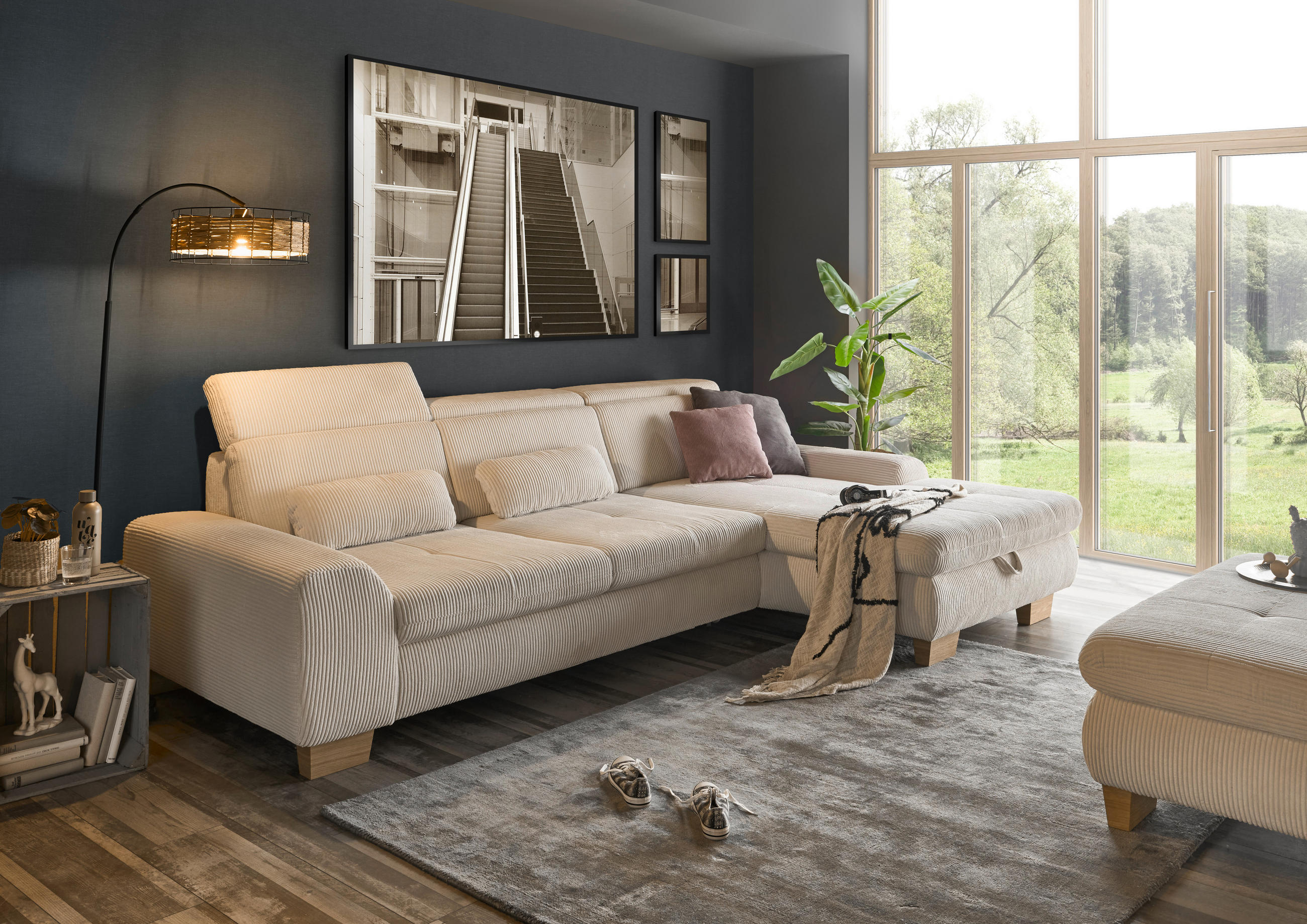 ECKSOFA Creme Kord - Eiche Bianco/Creme, KONVENTIONELL, Holz/Textil (315/195cm) - SetOne by Musterring