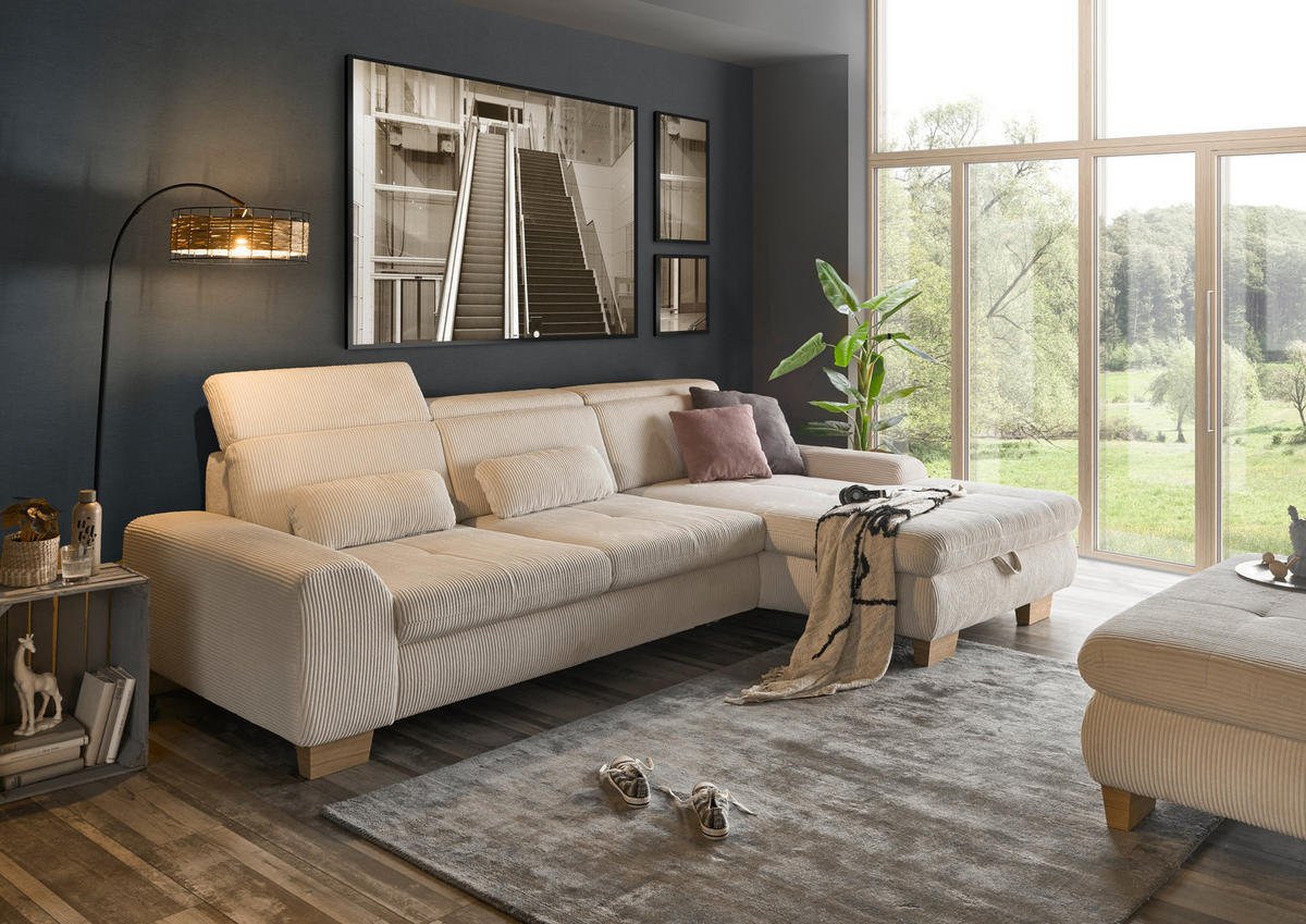 ECKSOFA Creme Cord  - Eiche Bianco/Creme, KONVENTIONELL, Holz/Textil (307/195cm) - SetOne by Musterring