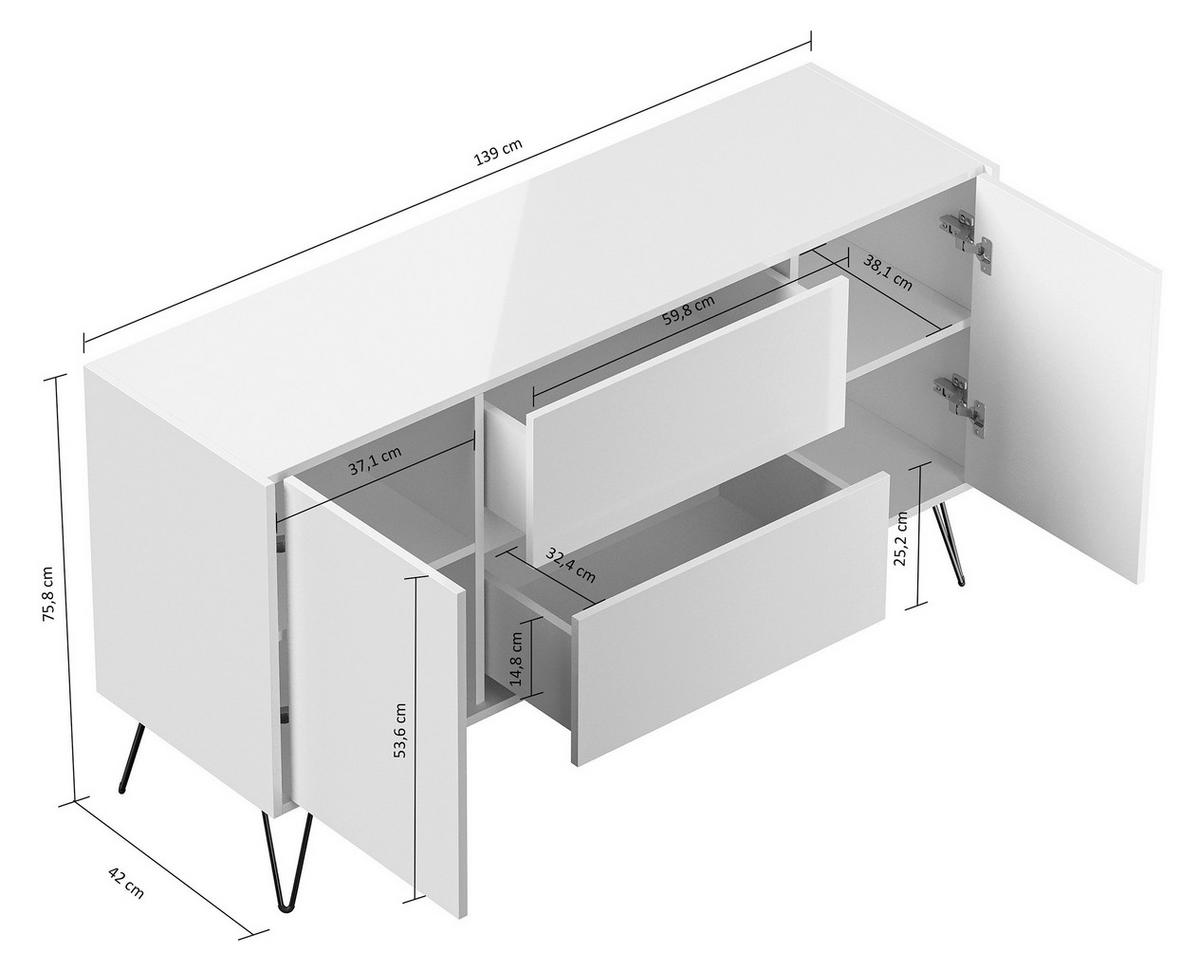 SIDEBOARD Posseik Industrial 139/75,8/42 cm 2 Schublade(n)  - Graphitfarben/Schwarz, Design, Holzwerkstoff/Metall (139/75,8/42cm) - MID.YOU