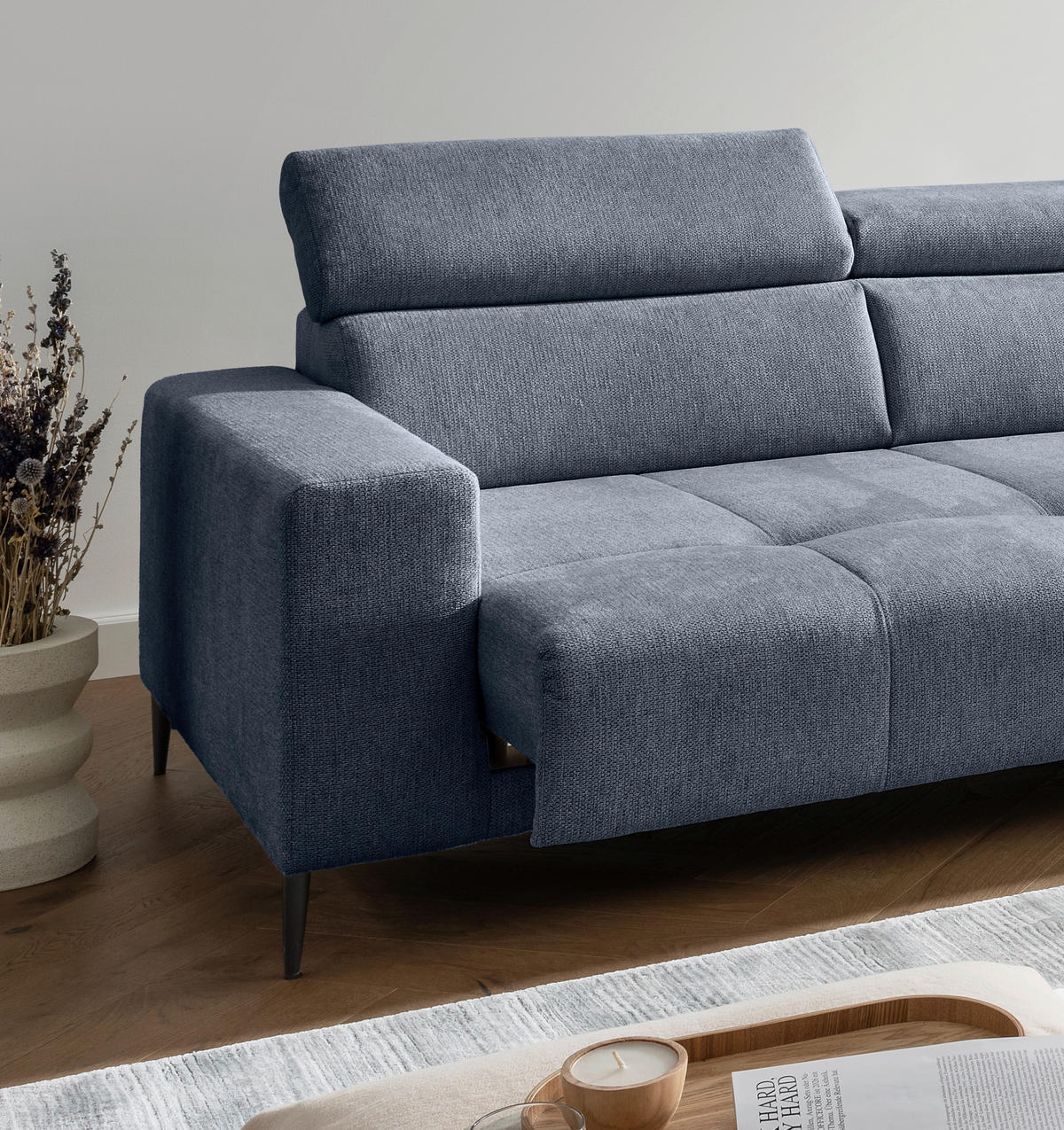 ECKSOFA INTERA Hellblau Chenille Kopfteilverstellung, Sitzvorzug  - Schwarz/Hellblau, KONVENTIONELL, Textil/Metall (305/225cm) - Livetastic