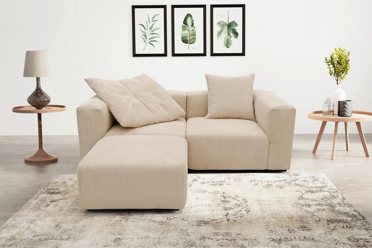 HOCKER Mikrofaser Creme  - Creme/Schwarz, Design, Kunststoff/Textil (85/42/85cm) - MID.YOU