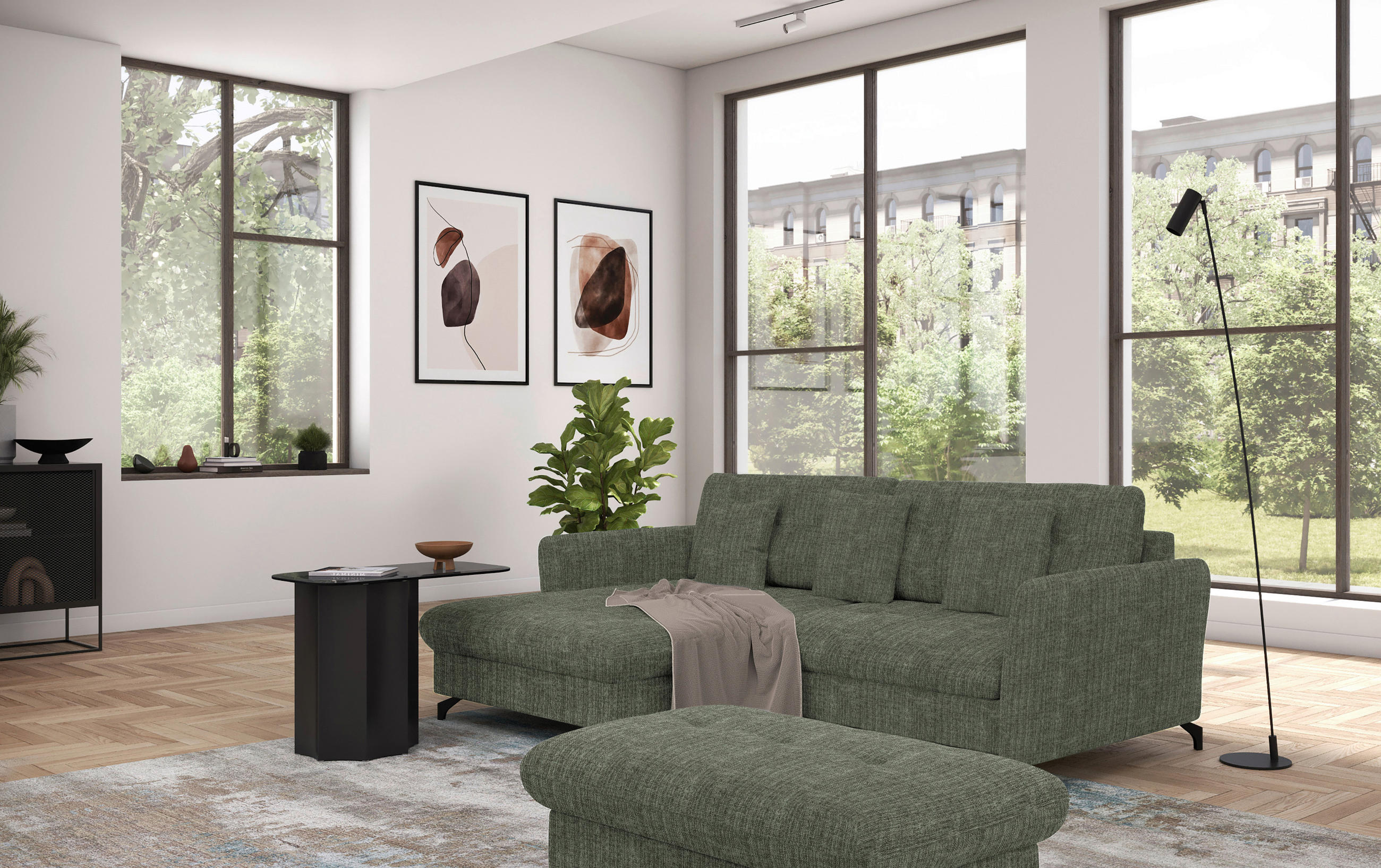 ECKSOFA Grün Flachgewebe, Leinenoptik  - Schwarz/Grün, Design, Textil/Metall (170/242cm) - Xora