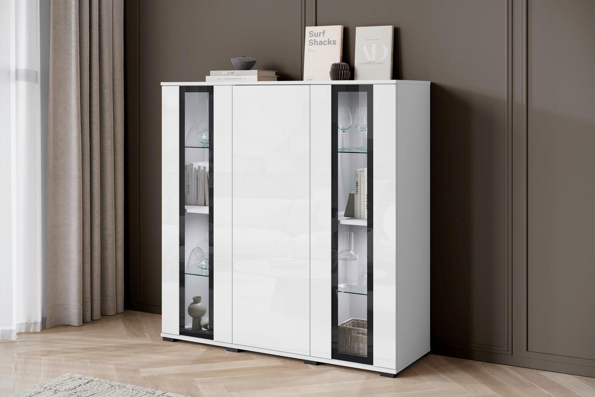 HIGHBOARD  in 120/121,9/39,5 cm  - Weiß Hochglanz/Schwarz, Design, Glas/Holzwerkstoff (120/121,9/39,5cm) - Livetastic