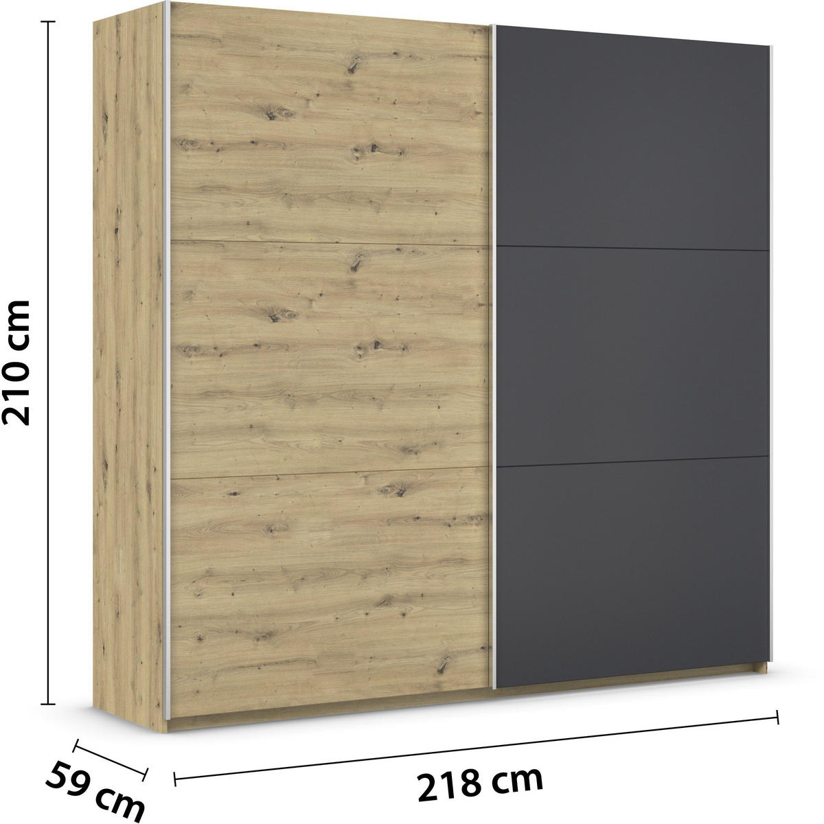 SCHWEBETÜRENSCHRANK 218/210/59 cm 2-türig Dunkelgrau, Eiche Artisan  - Dunkelgrau/Alufarben, Design, Holzwerkstoff/Metall (218/210/59cm) - Rauch Möbel