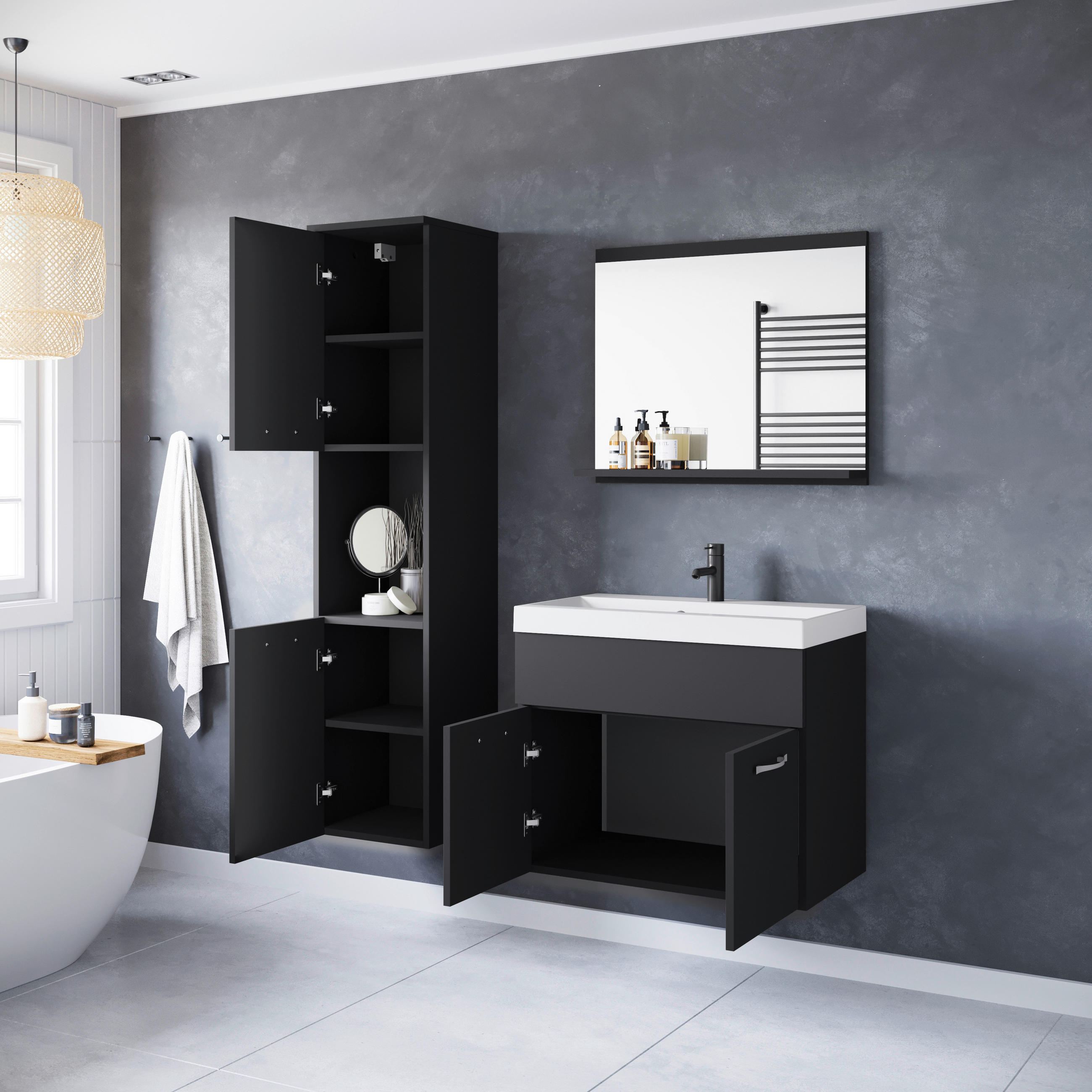 BADEZIMMER 4-teilig  in  - Weiss/Graphitfarben, Lifestyle, Holzwerkstoff/Metall (90,2/132,8/35cm) - P & B