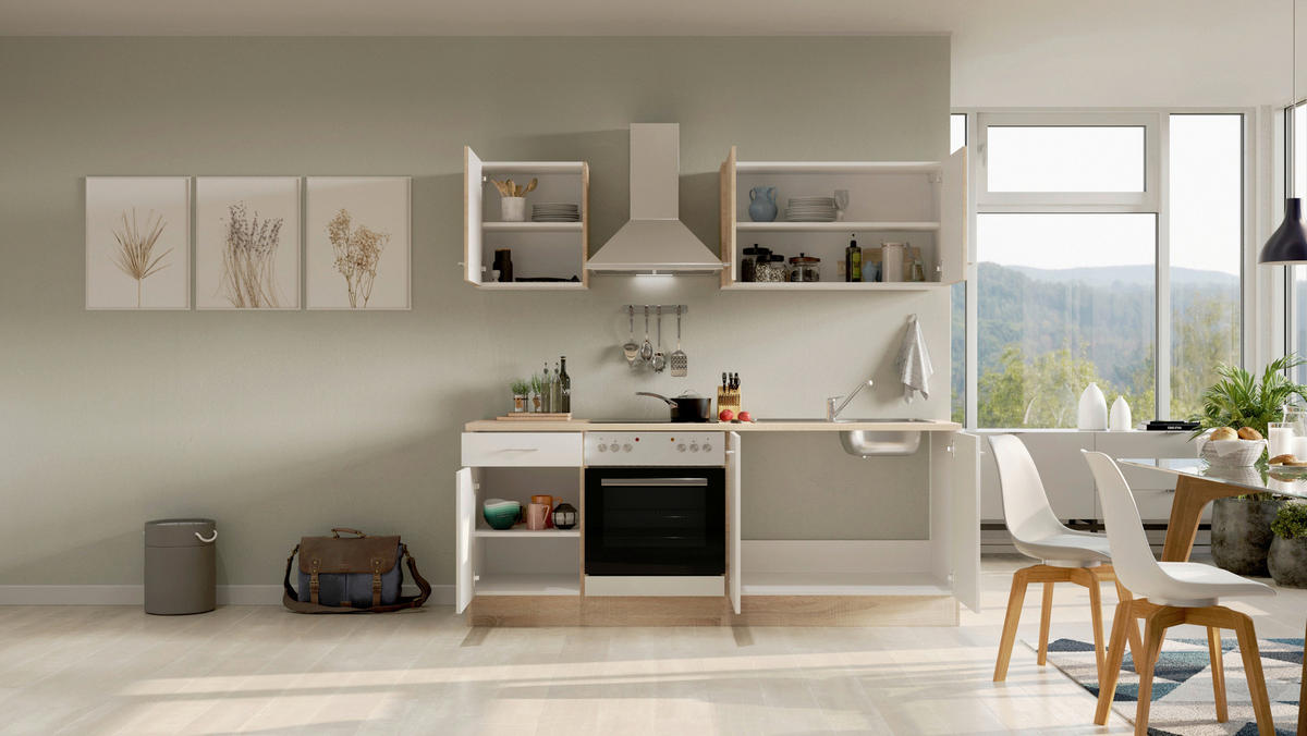 KÜCHENBLOCK 210 cm   in Weiß, Sonoma Eiche  - Alufarben/Weiß, MODERN, Holzwerkstoff/Kunststoff (210cm) - FlexWell