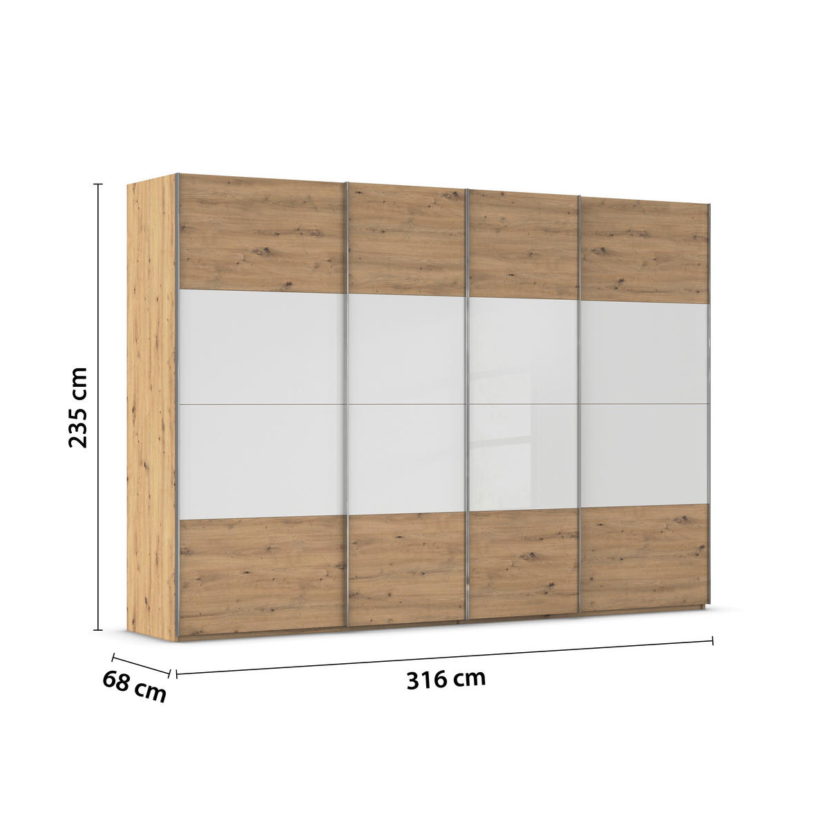 SCHWEBETÜRENSCHRANK 316/235/68 cm 4-türig Weiß, Eiche Artisan  - Chromfarben/Weiß, KONVENTIONELL, Glas/Holzwerkstoff (316/235/68cm) - Novel