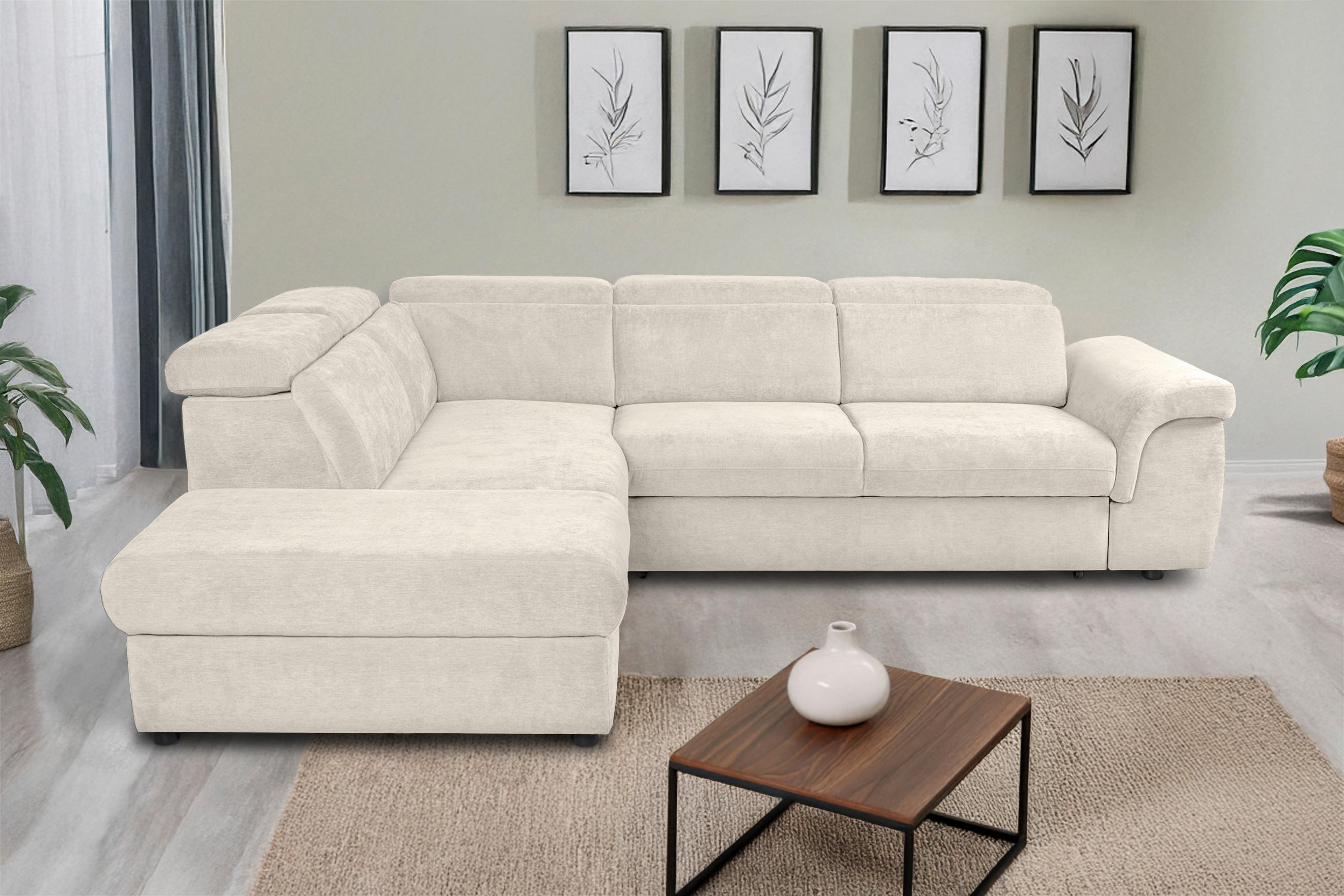 ECKSOFA Creme Flachgewebe  - Creme/Schwarz, KONVENTIONELL, Kunststoff/Textil (235/280cm) - Carryhome