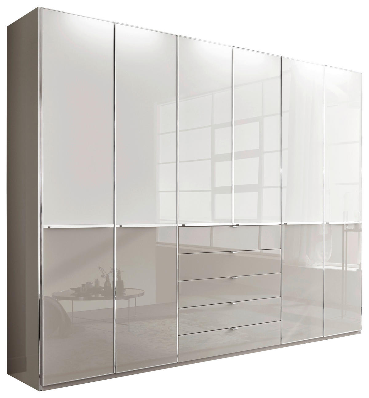 NYÍLÓAJTÓS SZEKRÉNY szürke, fehér  - krómszínű/fehér, Basics, faalapú anyag/Üveg (300/236/58cm) - Novel