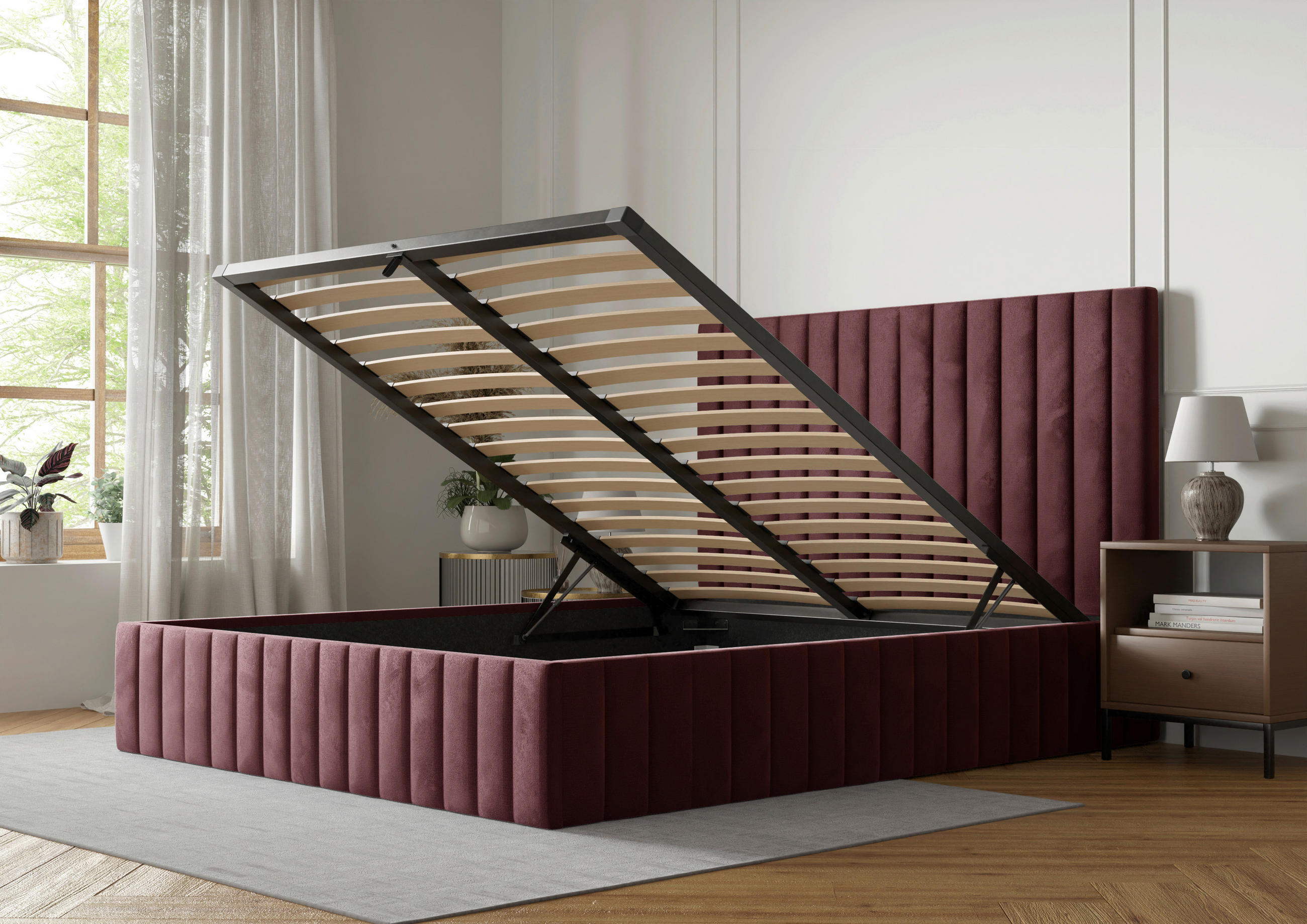 POLSTERBETT Bettkasten, Lattenrost 180/200 cm  in Bordeaux  - Bordeaux/Schwarz, Design, Holz/Textil (180/200cm) - Boxxx