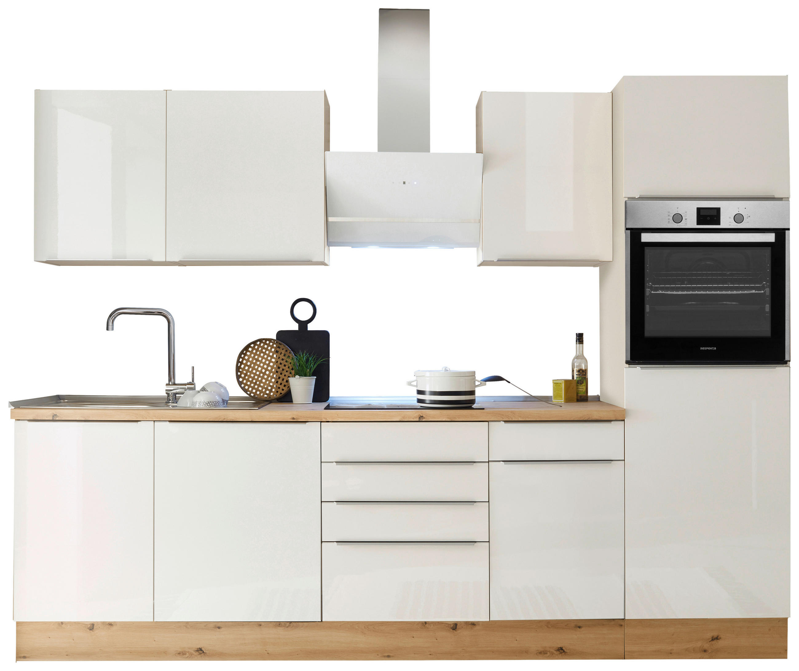 KÜCHENBLOCK 280 cm   in Weiß, Eiche Artisan, Weiß Hochglanz  - Weiß Hochglanz/Alufarben, LIFESTYLE, Holzwerkstoff/Kunststoff (280cm) - Respekta