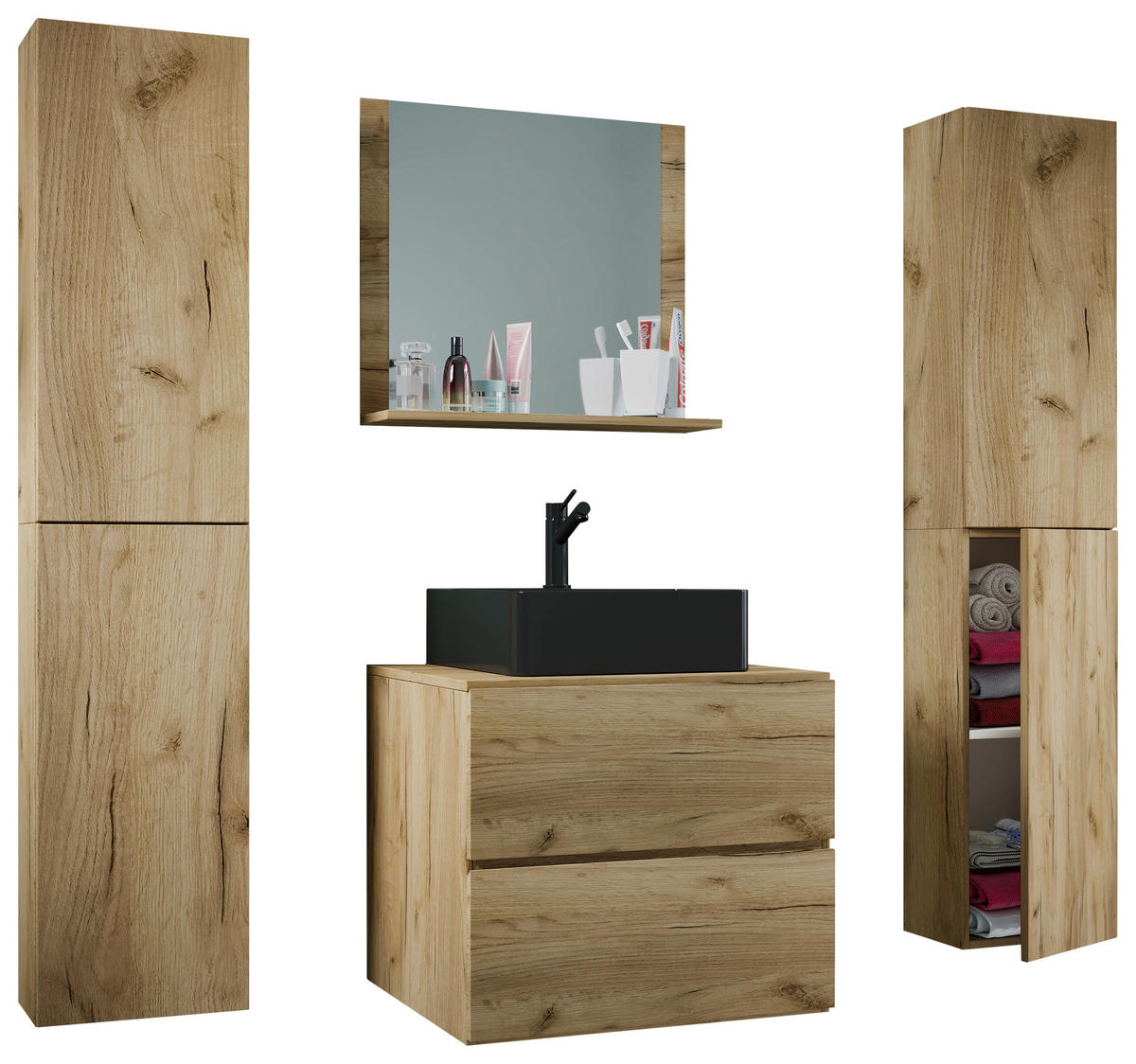 BADEZIMMER 5-teilig  in 127 cm  - Honigeiche/Schwarz, MODERN, Glas/Keramik (127cm) - MID.YOU