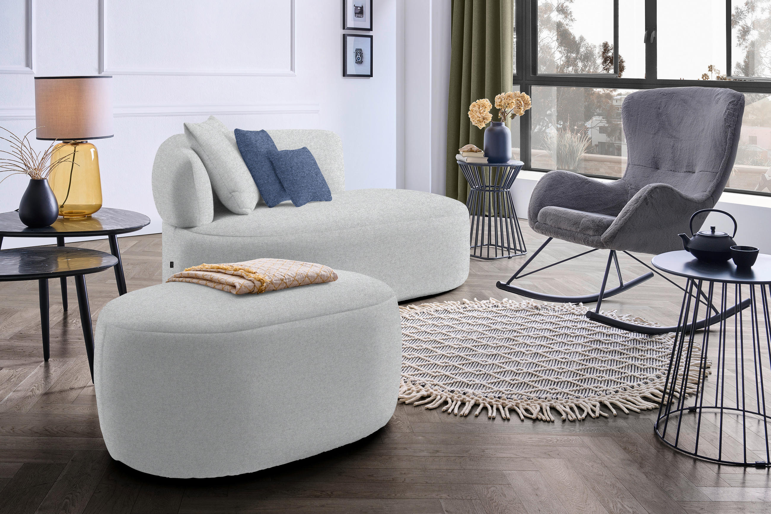 RÉCAMIERE in Flachgewebe Grau, Dunkelblau  - Schwarz/Dunkelblau, MODERN, Kunststoff/Textil (166/86/105cm) - Hom`in