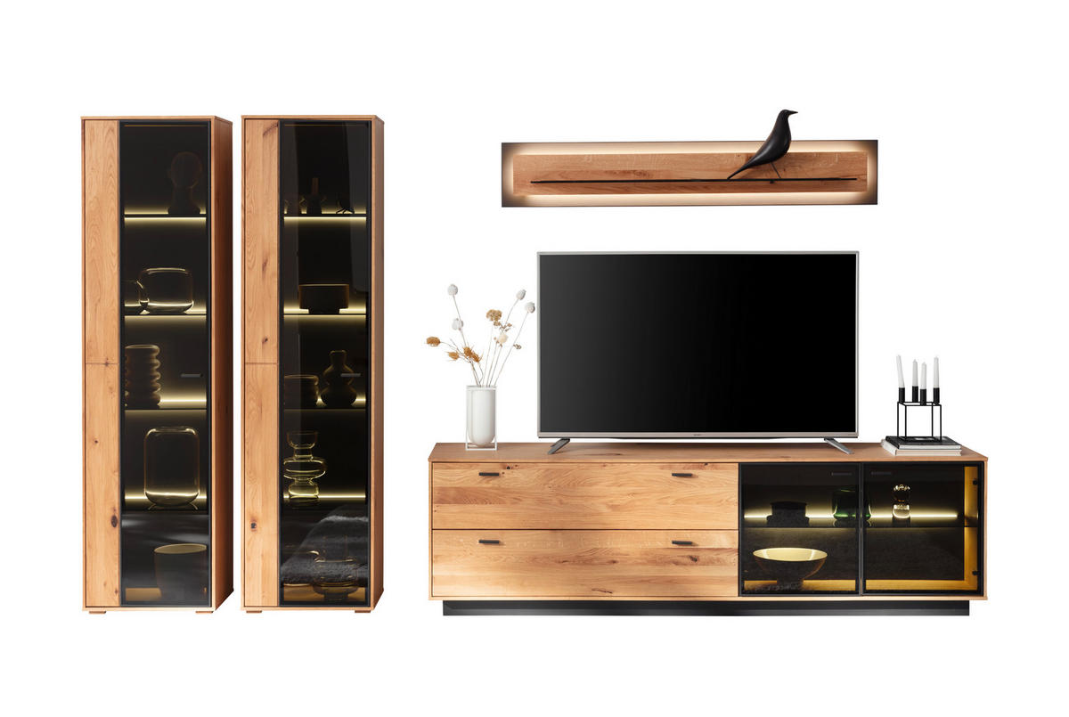 WOHNWAND  in Anthrazit, Eichefarben 333/190/50 cm  - Eichefarben/Anthrazit, Natur, Glas/Holz (333/190/50cm) - Linea Natura