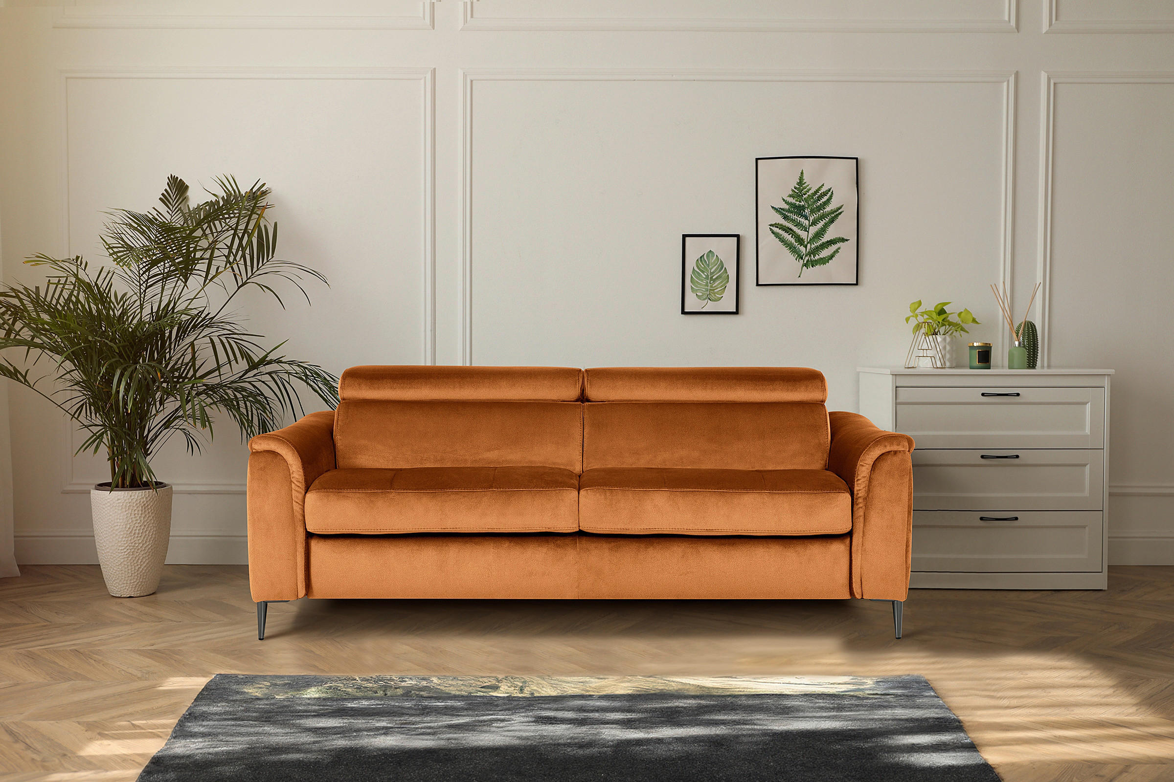 Thumbnail - Mid.you Schlafsofa, Cognac, Textil, 3-Sitzer, 203x77-98x103 cm, Made in EU, Rücken echt, Bettfunktion erhältlich, Kinder...