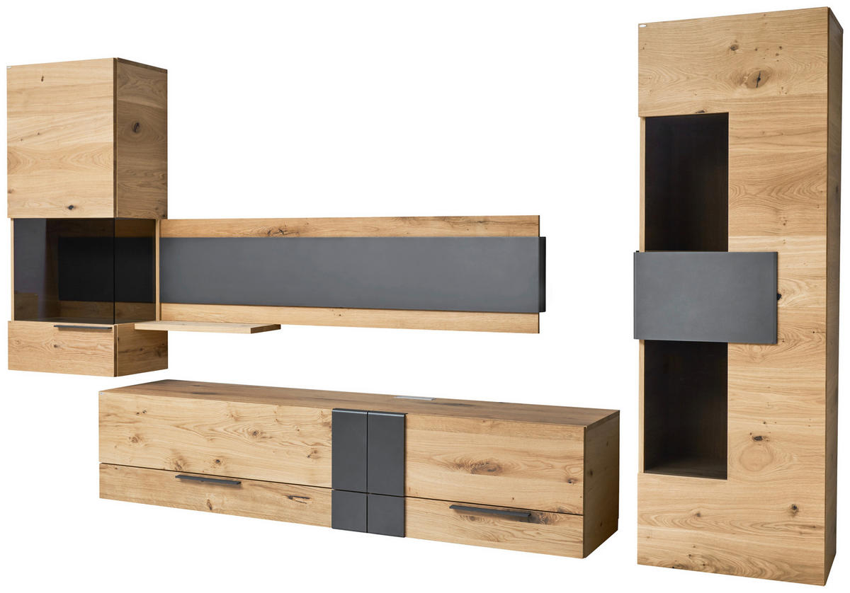 WOHNWAND  in Anthrazit, Eichefarben 384/198/48 cm  - Eichefarben/Anthrazit, Natur, Glas/Holz (384/198/48cm) - Voglauer