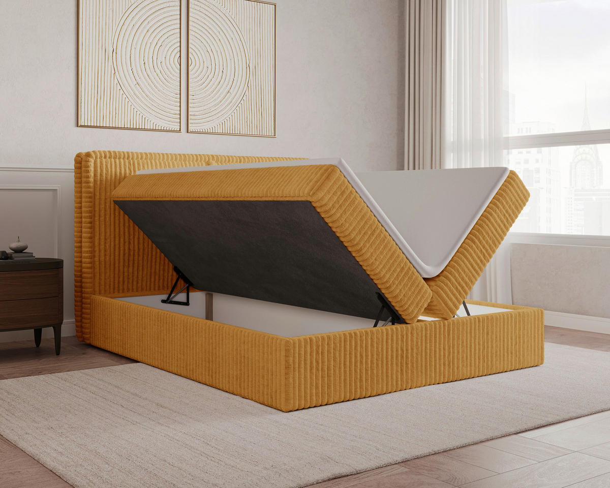 BOXBETT 160/200 cm,  in Currygelb, Bettkasten, Topper, H2 + H3 = mittel + fest  - Currygelb/Schwarz, MODERN, Holz/Kunststoff (160/200cm) - MID.YOU