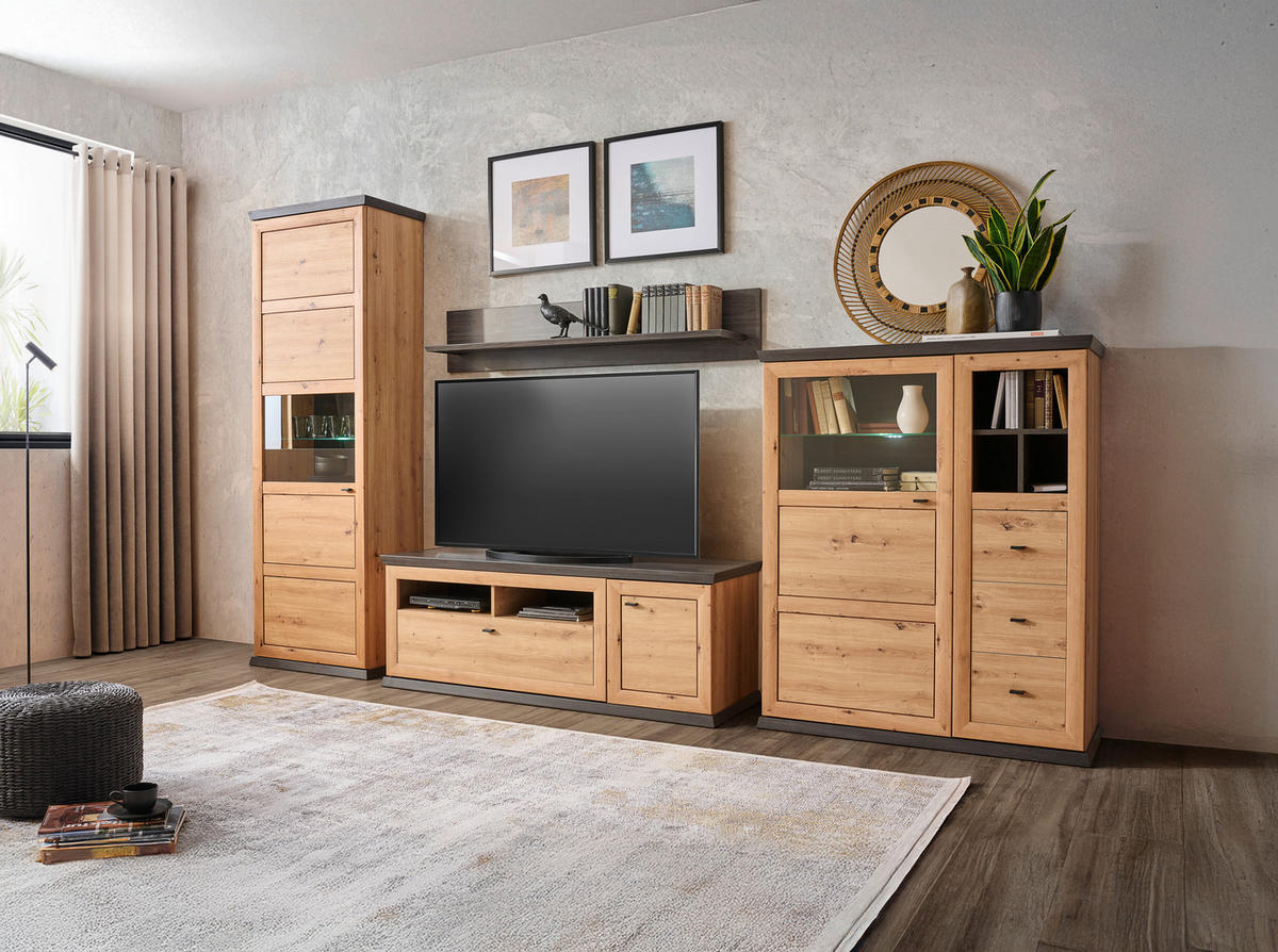 KOMODA POD TELEVIZI, tmavě šedá, dub artisan, 150/55,6/50 cm - černá/tmavě šedá, Basics, kov/kompozitní dřevo (150/55,6/50cm) - Hom`in