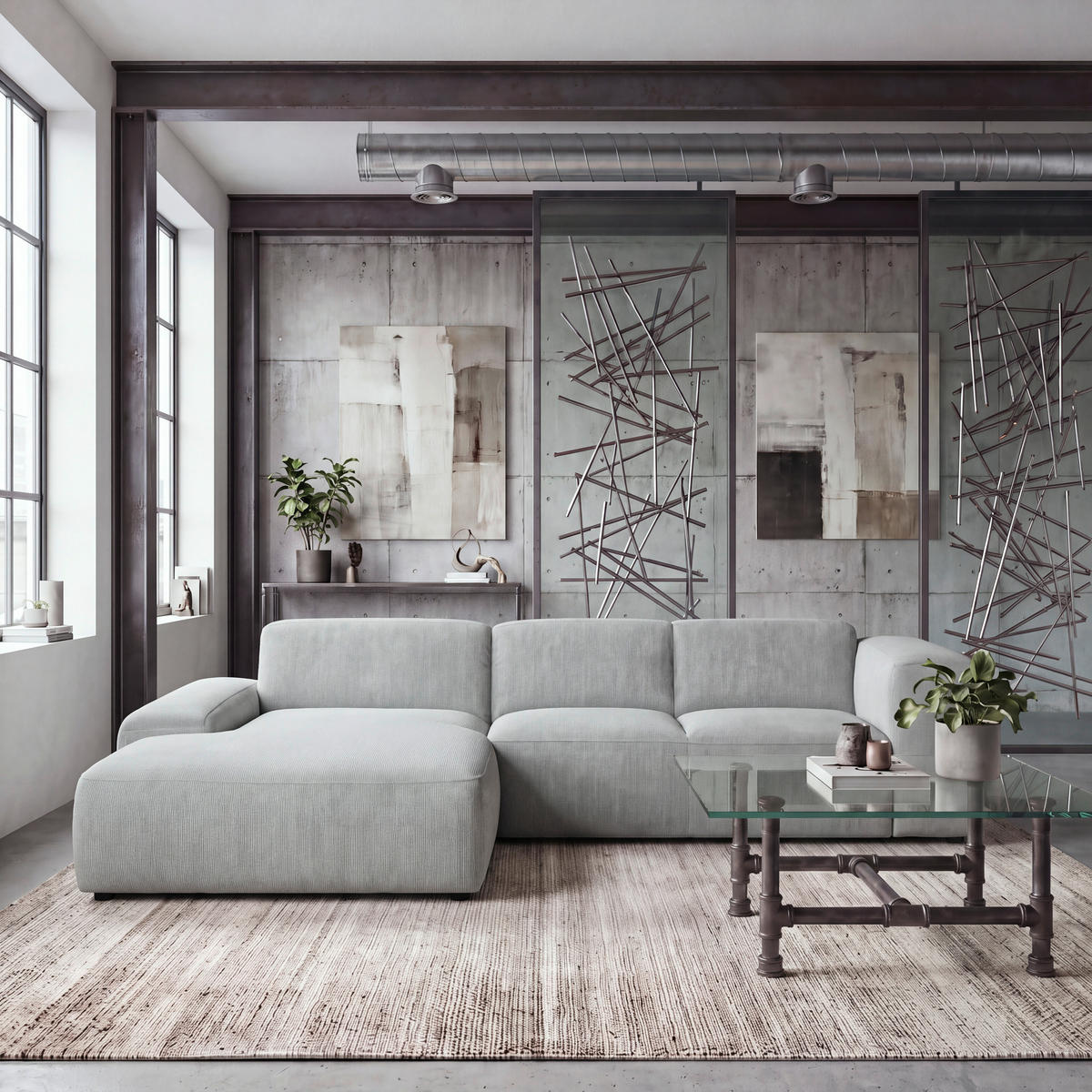 ECKSOFA HANNAH Hellgrau Cord  - Hellgrau/Schwarz, Design, Kunststoff/Textil (200/304cm) - MID.YOU