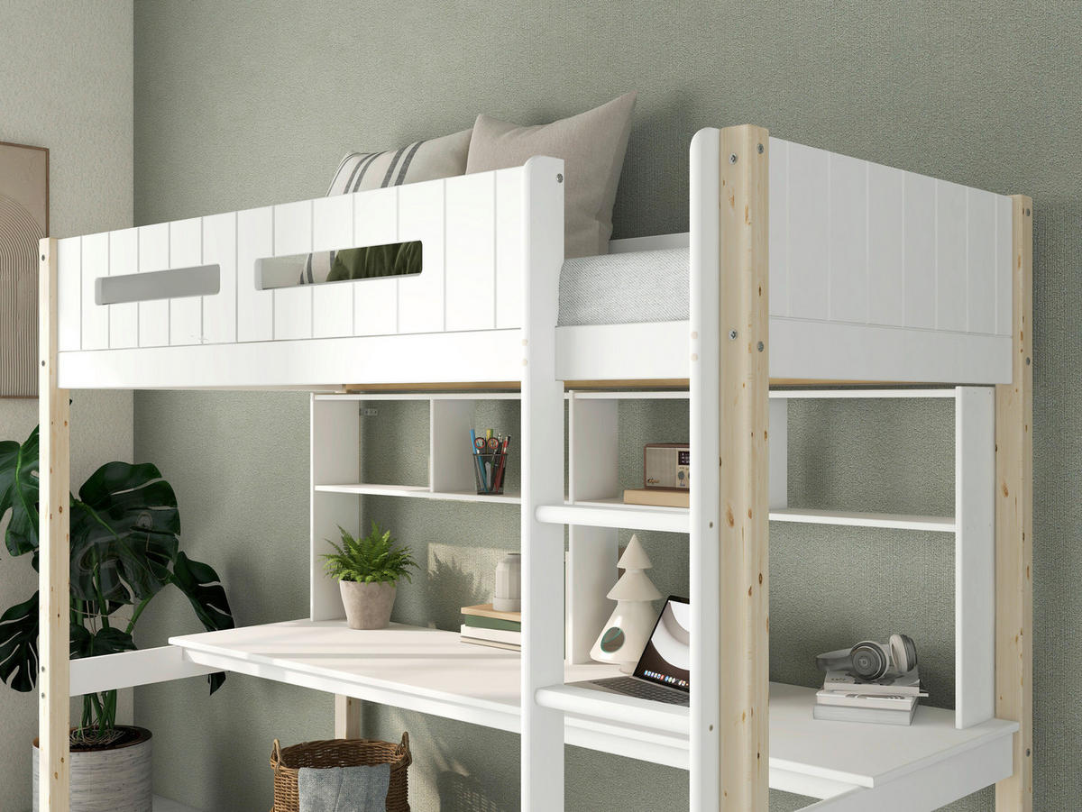 HOCHBETT 90/200 cm,  in Absturzsicherung, Leiter, Schreibtisch, Rollrost  - Weiß/Kieferfarben, MODERN, Holz (90/200cm) - Chameo