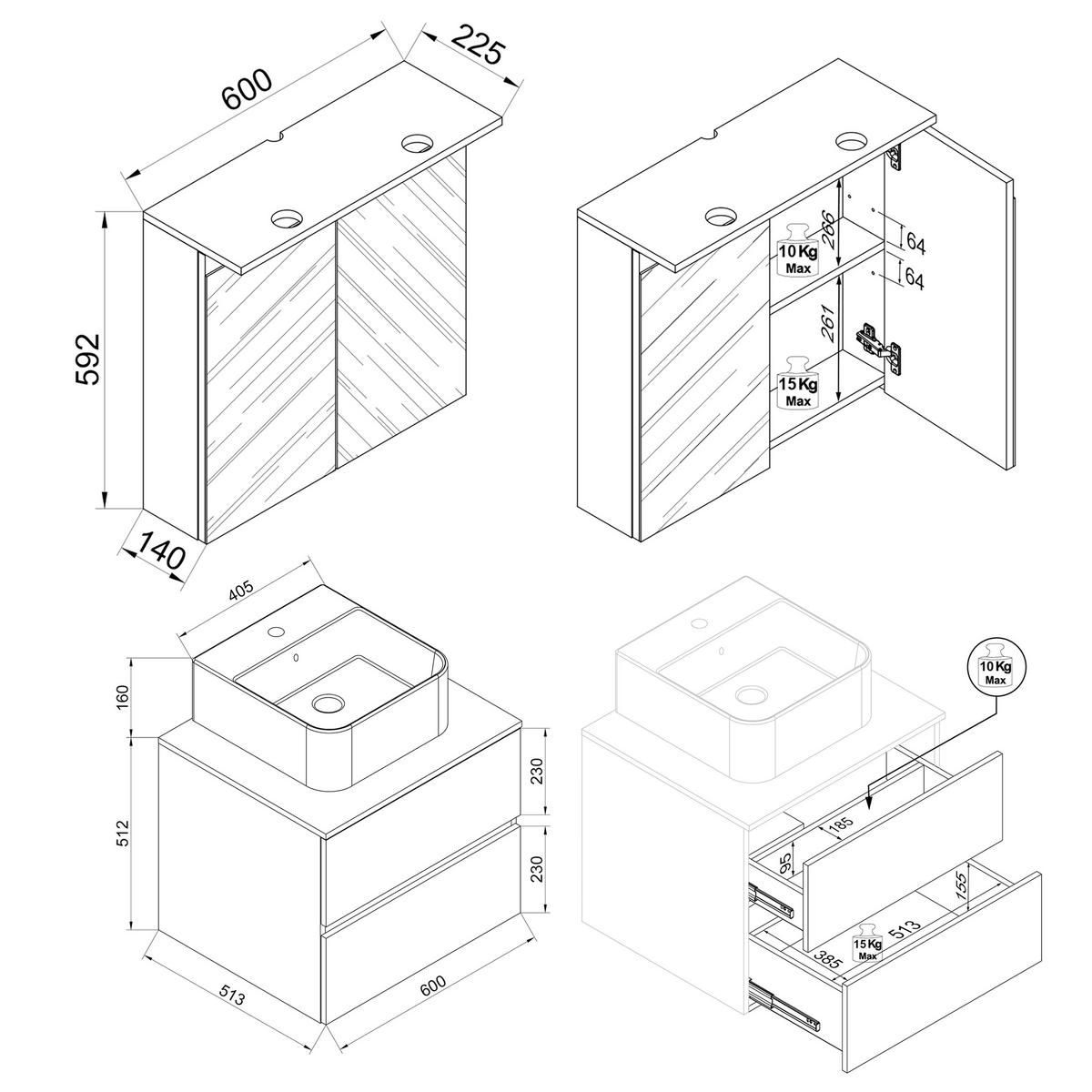 BADEZIMMER 3-teilig  in 60 cm  - Honigeiche/Anthrazit, Trend, Keramik/Holzwerkstoff (60cm) - MID.YOU