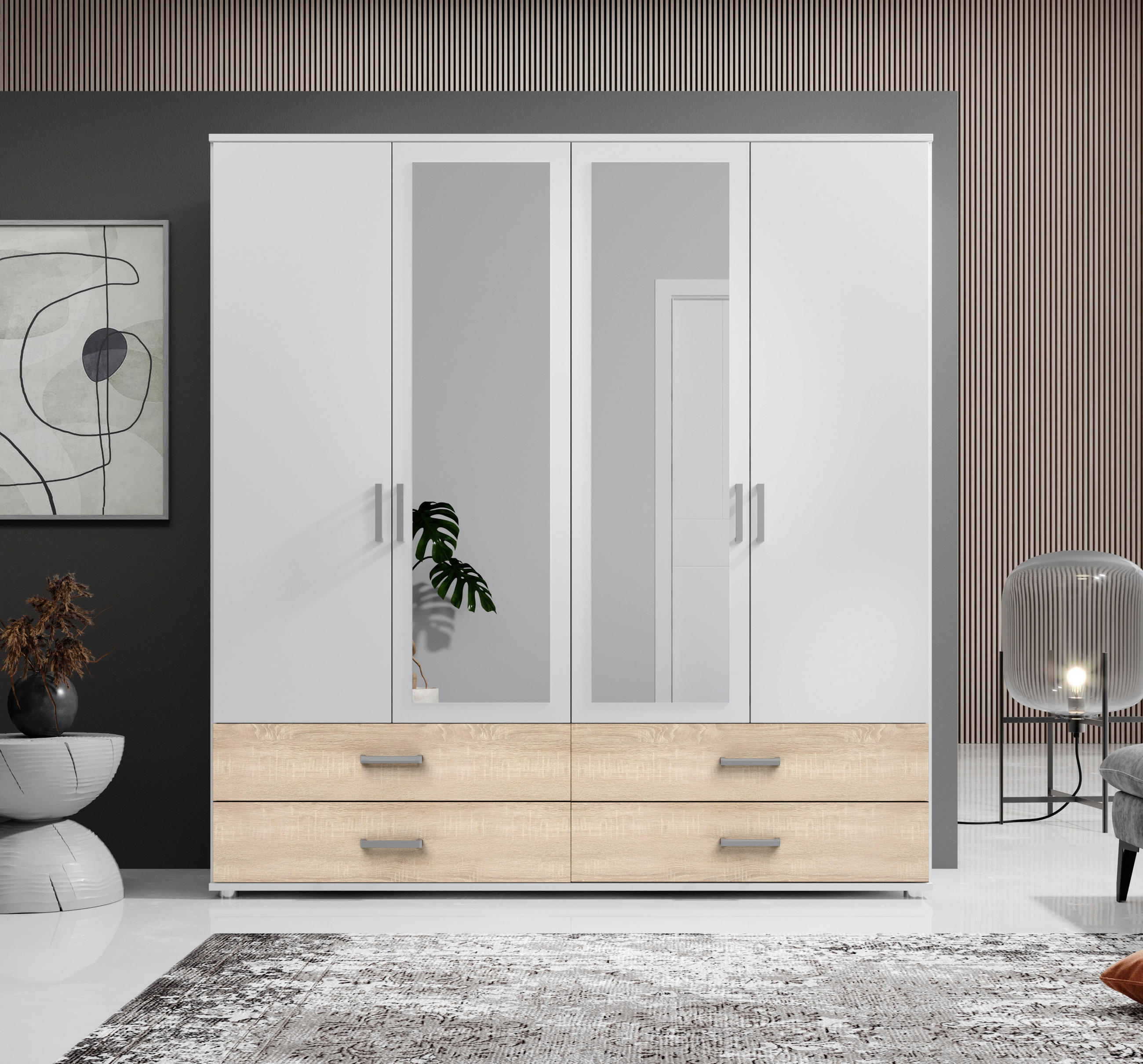 OMARA S KLASIČNIMI VRATI, bela, hrast sonoma  - bela/barve aluminija, Moderno, umetna masa/leseni material (180/190cm) - Xora